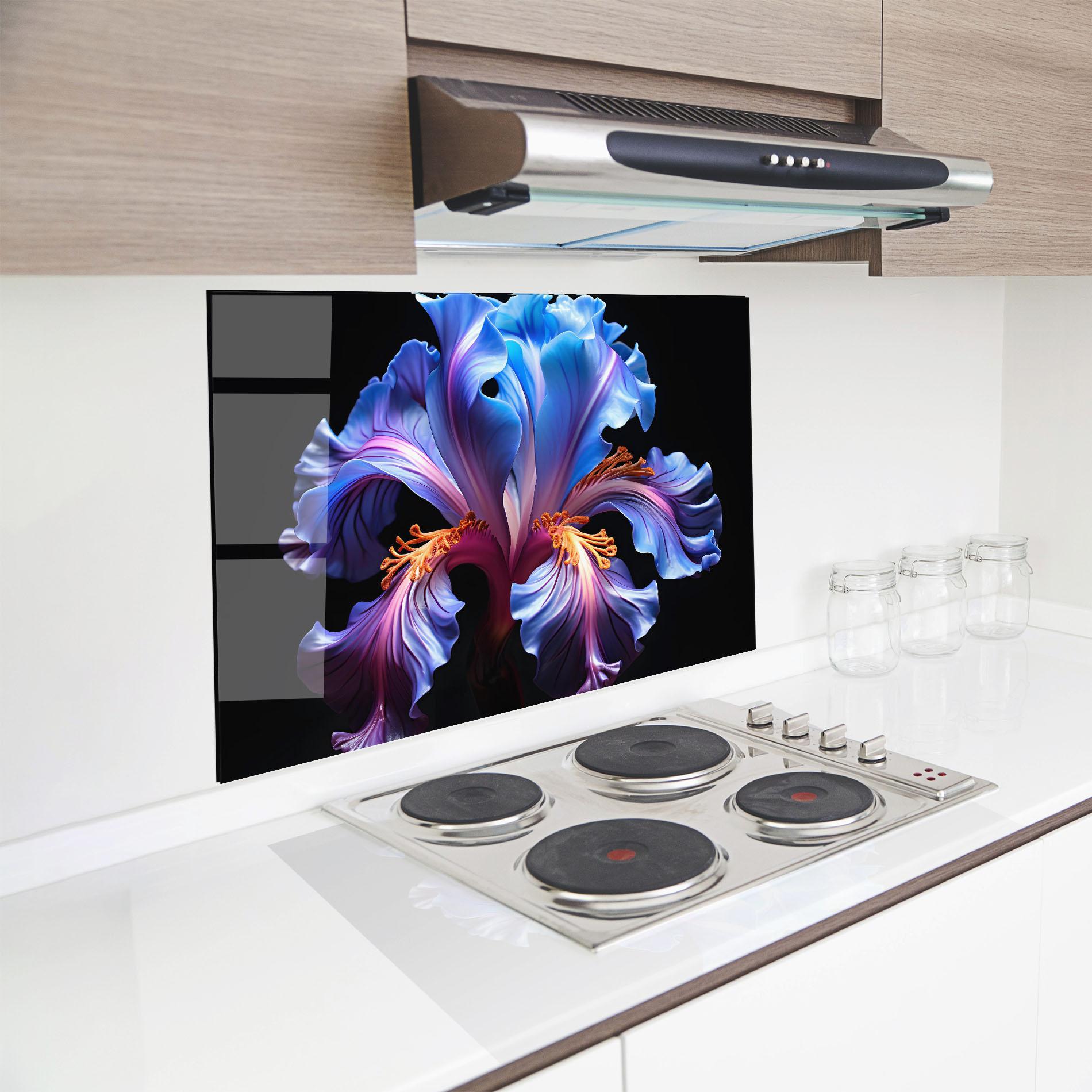 Konyhai üveg hátfal Beautiful Iris On Black mockup 8