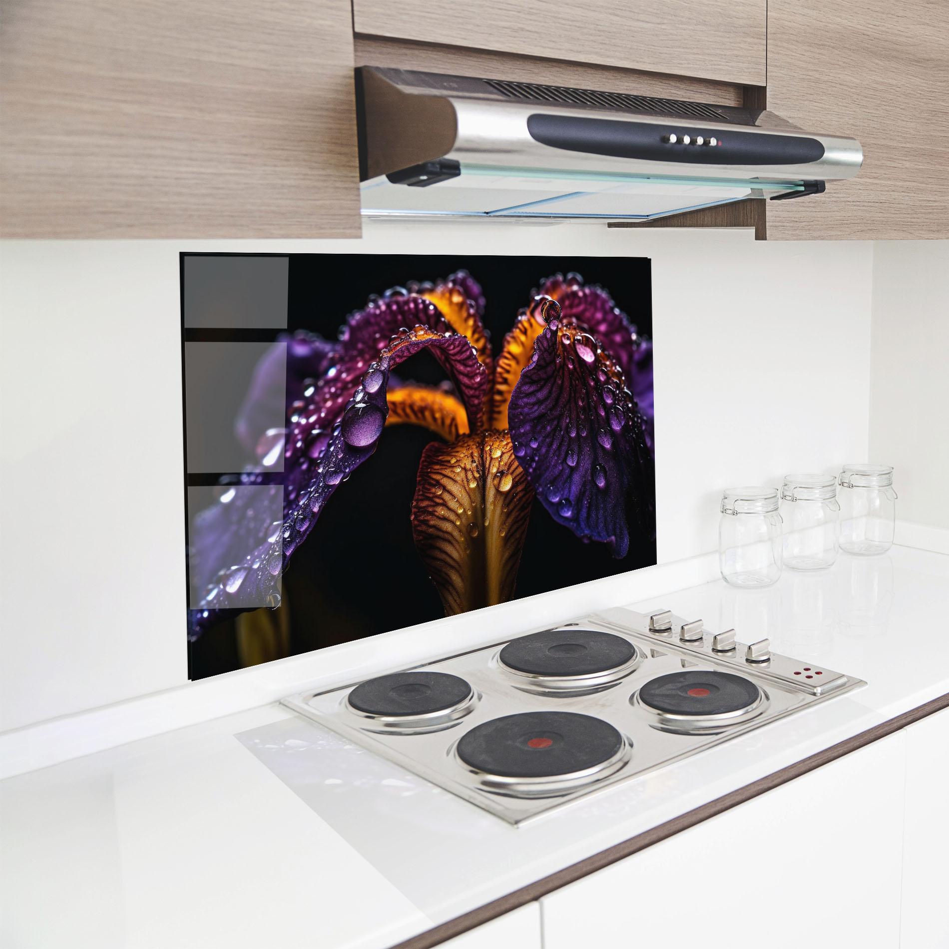 Konyhai üveg hátfal Dark Iris After Rain mockup 8