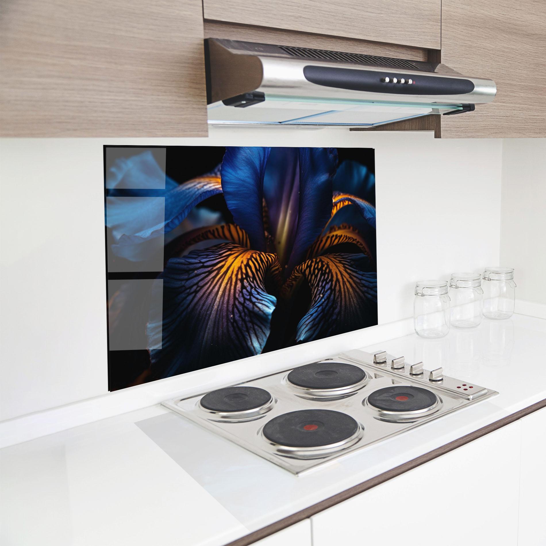 Konyhai üveg hátfal Dark Yellow Iris mockup 8