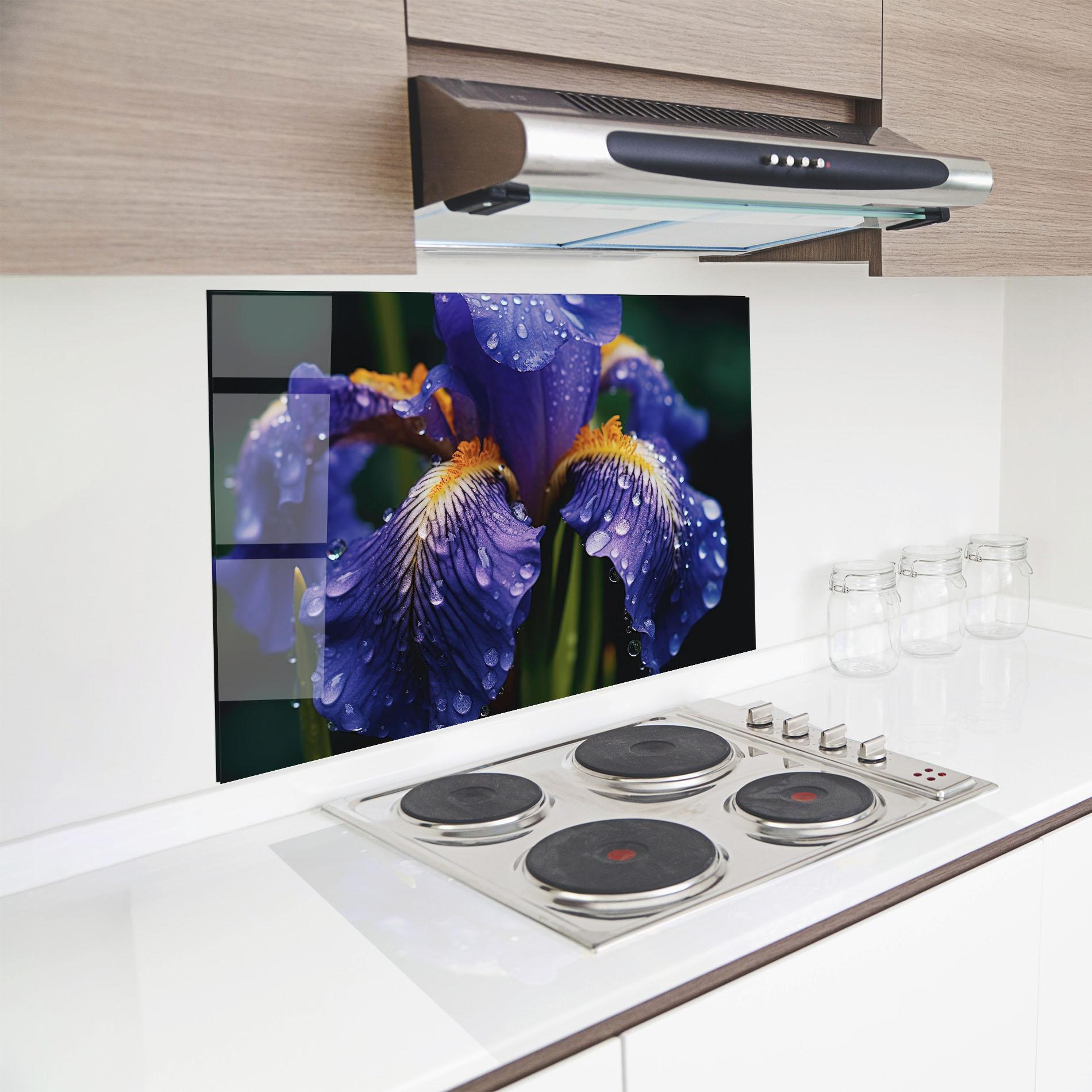 Konyhai üveg hátfal Iris After Rain mockup 8