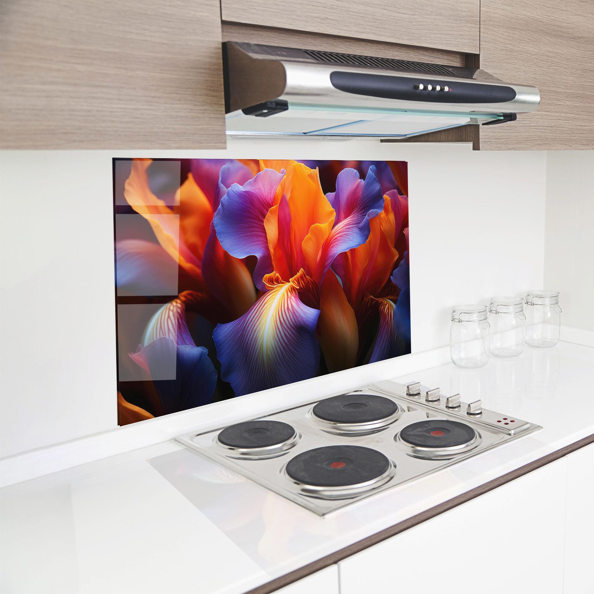 Konyhai üveg hátfal Orange Purple Iris mockup 8