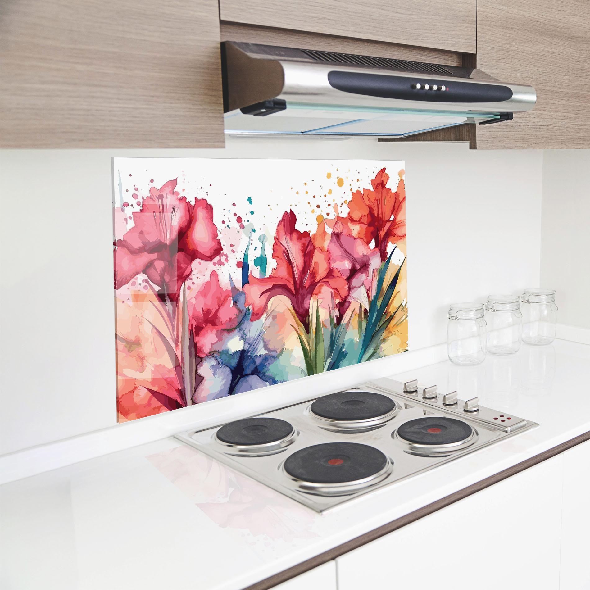 Konyhai üveg hátfal Pink Blue Iris mockup 8