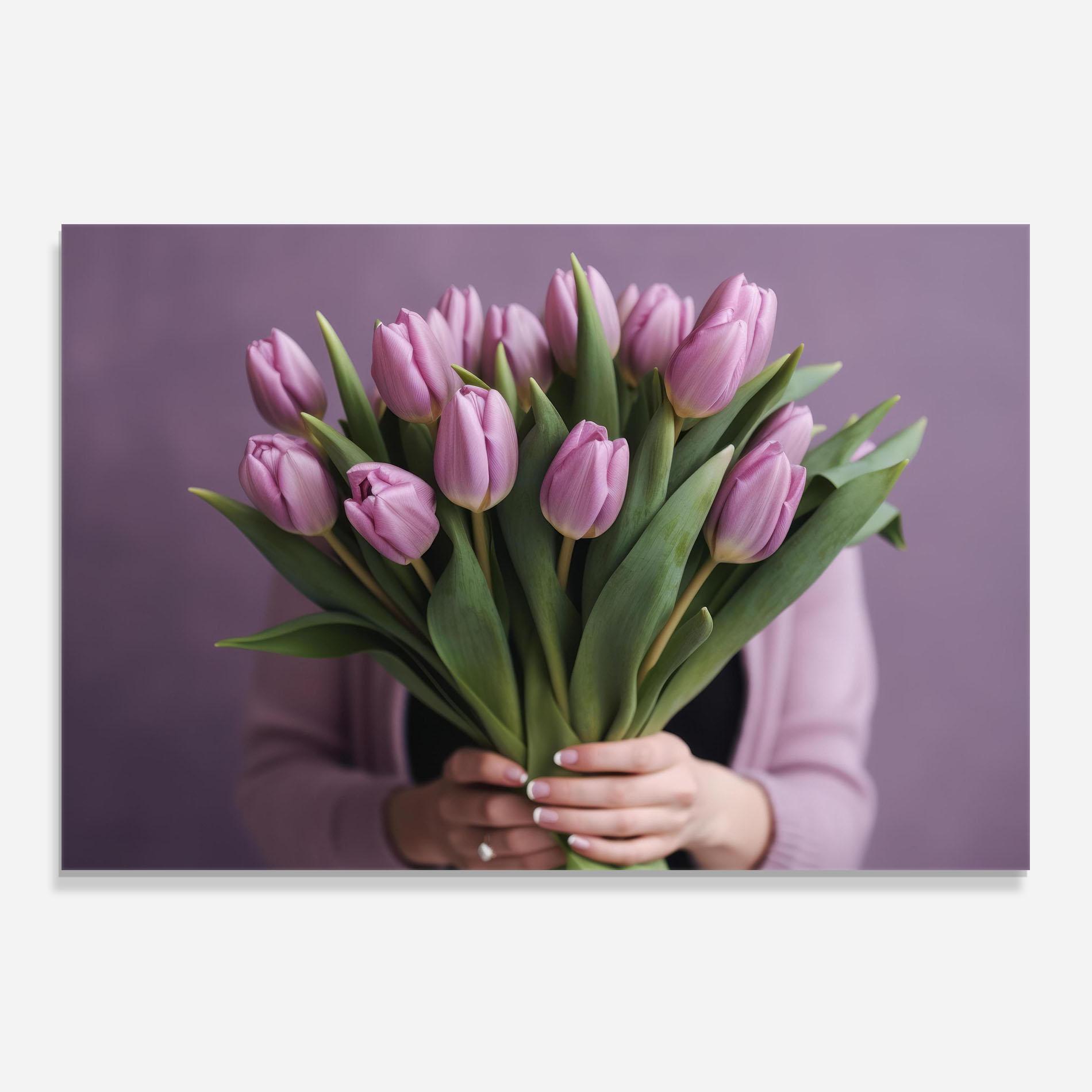 Konyhai üveg hátfal Holding Pink Tulips mockup 0