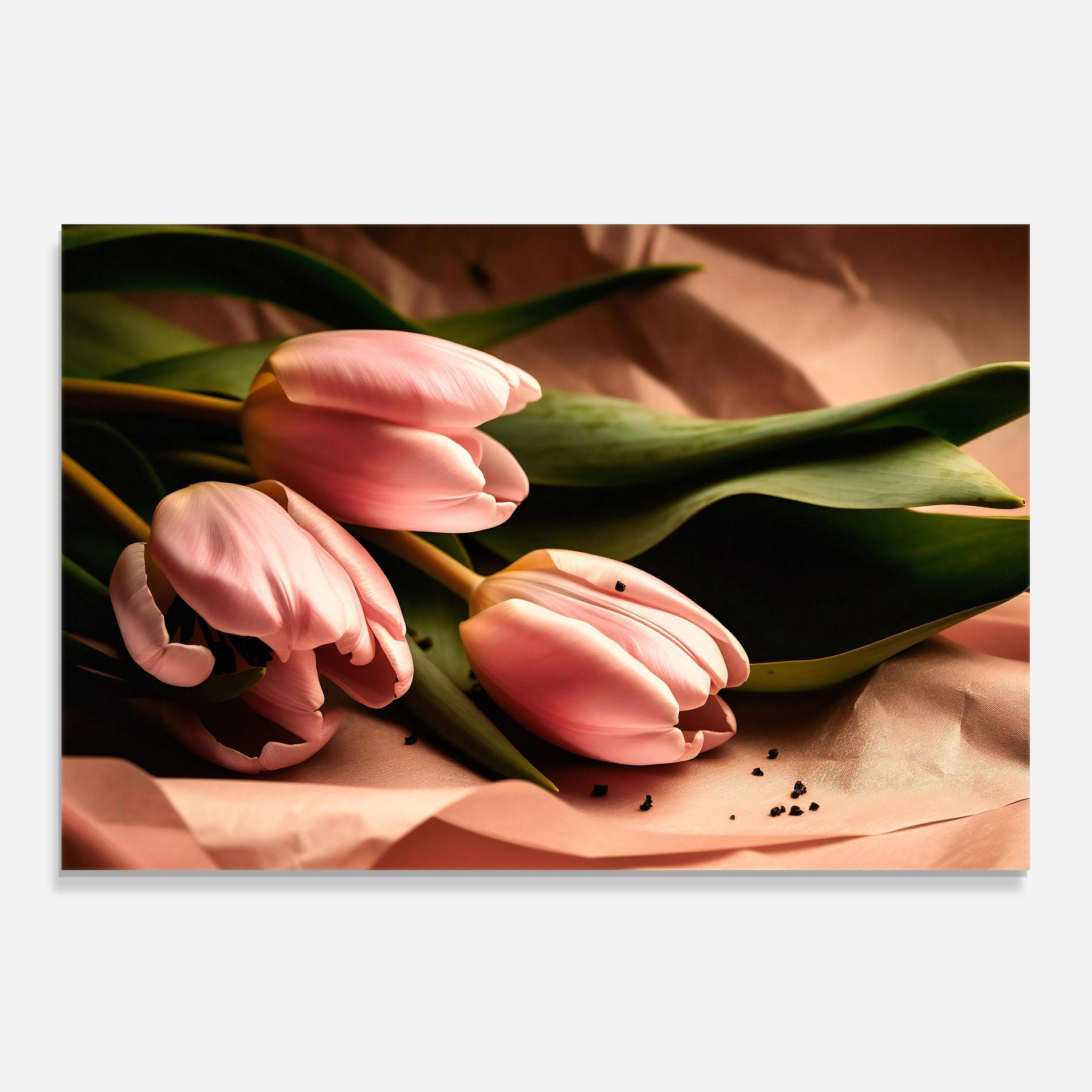 Konyhai üveg hátfal Pink Tulips With Leafs mockup 0