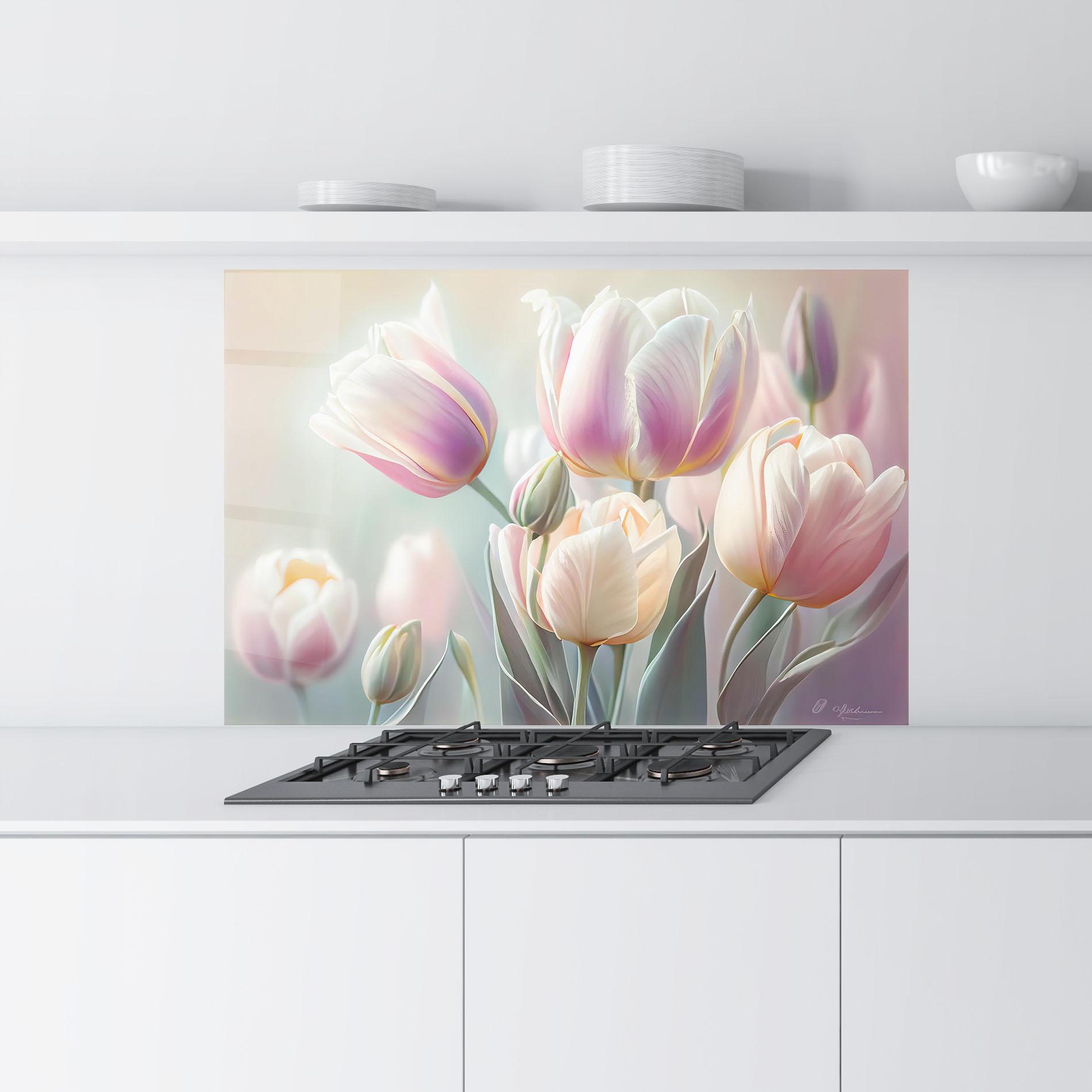Konyhai üveg hátfal Dreamy White Tulips mockup 9