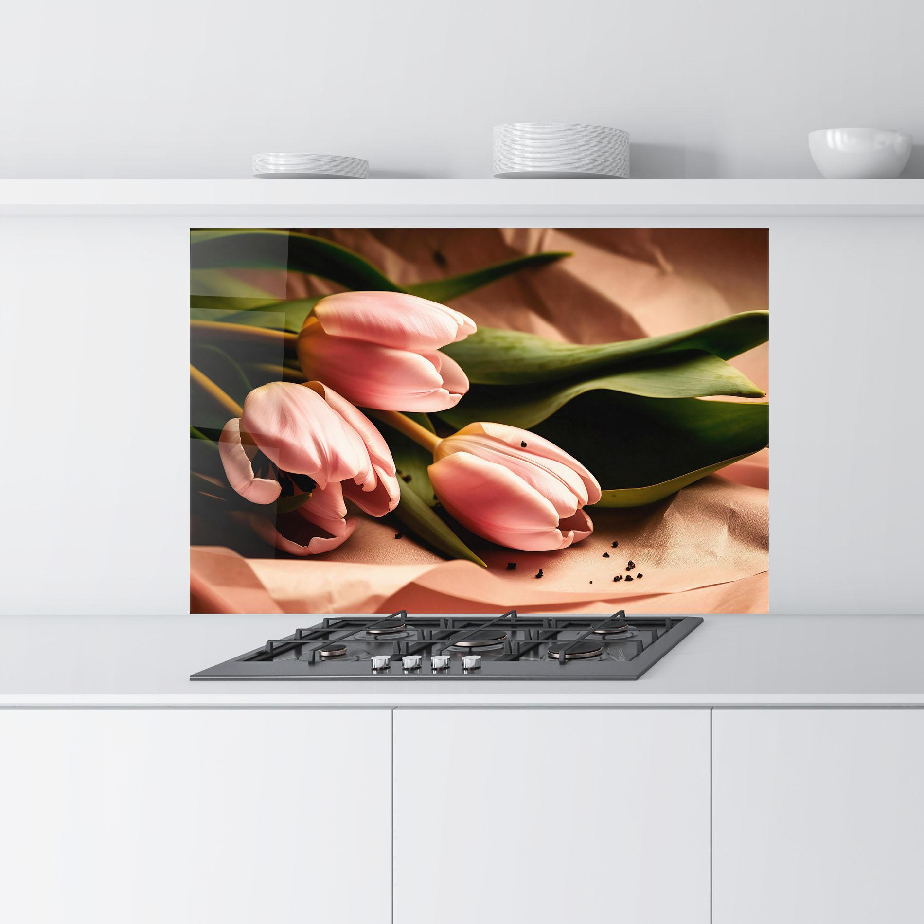 Konyhai üveg hátfal Pink Tulips With Leafs mockup 9