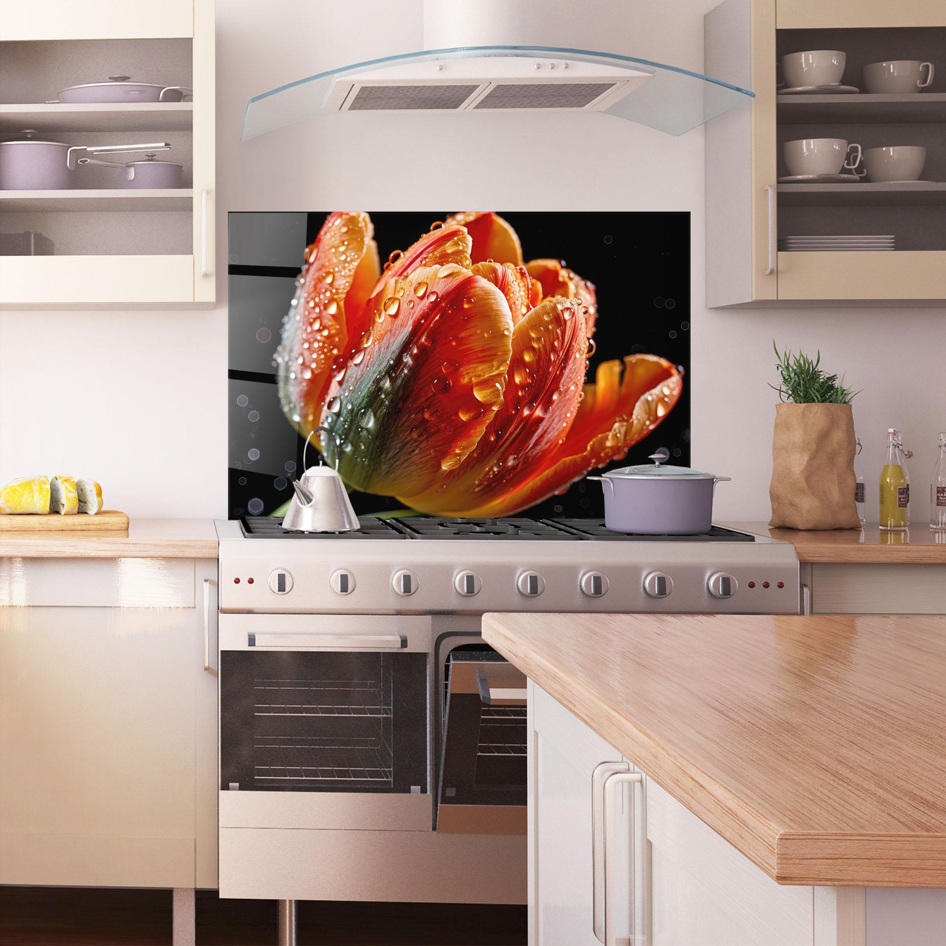 Konyhai üveg hátfal Big Wet Orange Tulip mockup 1