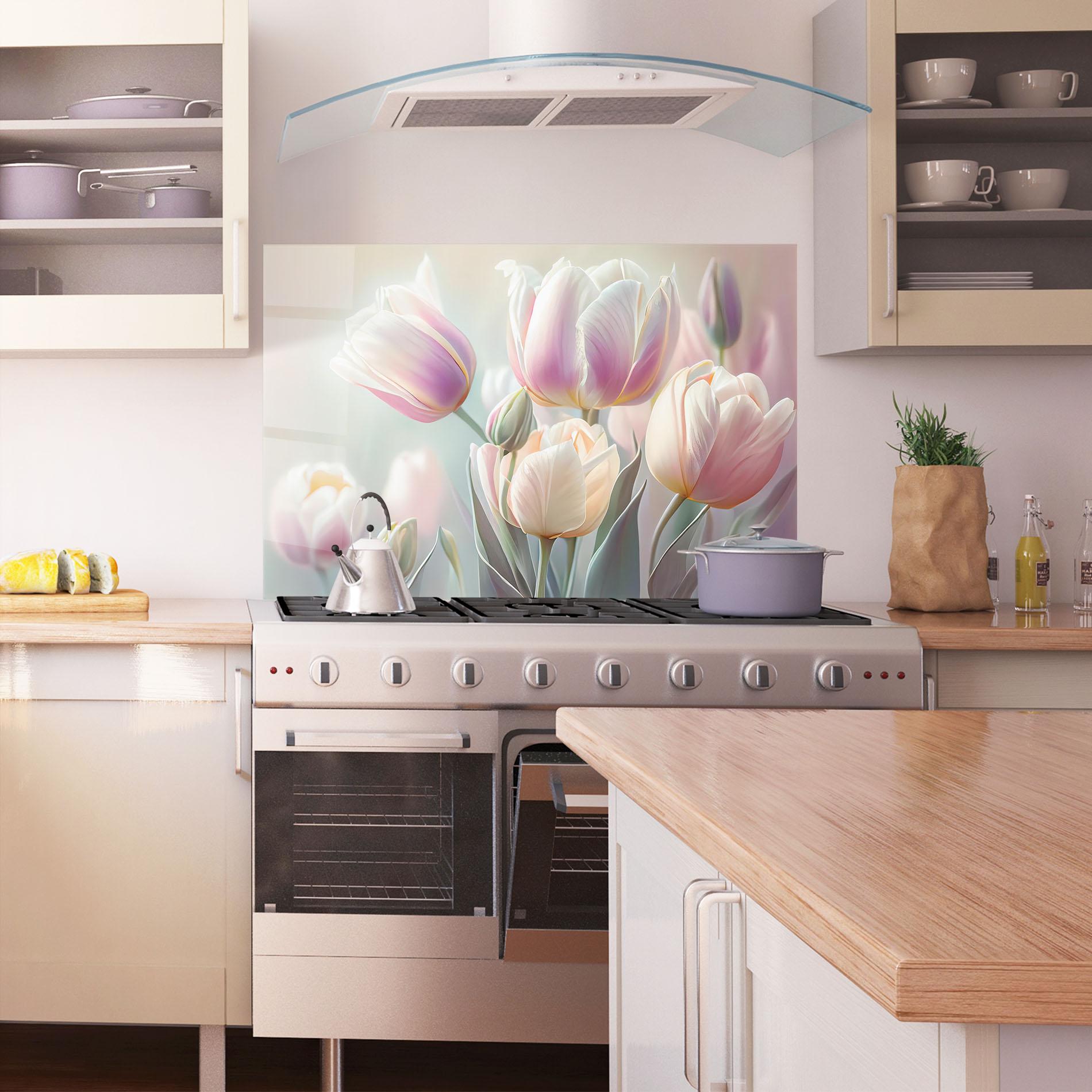 Konyhai üveg hátfal Dreamy White Tulips mockup 1