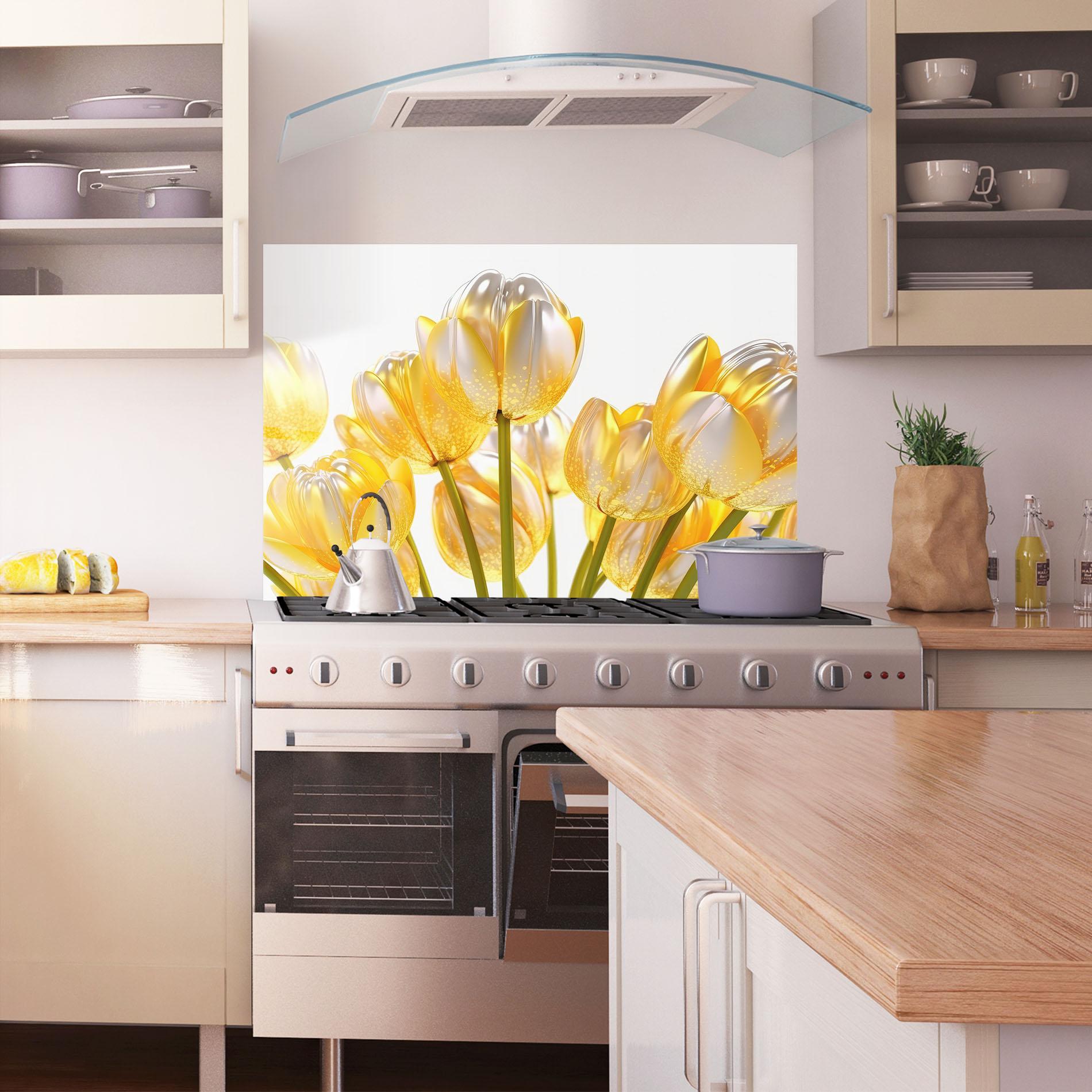Konyhai üveg hátfal Gold White Tulips mockup 1