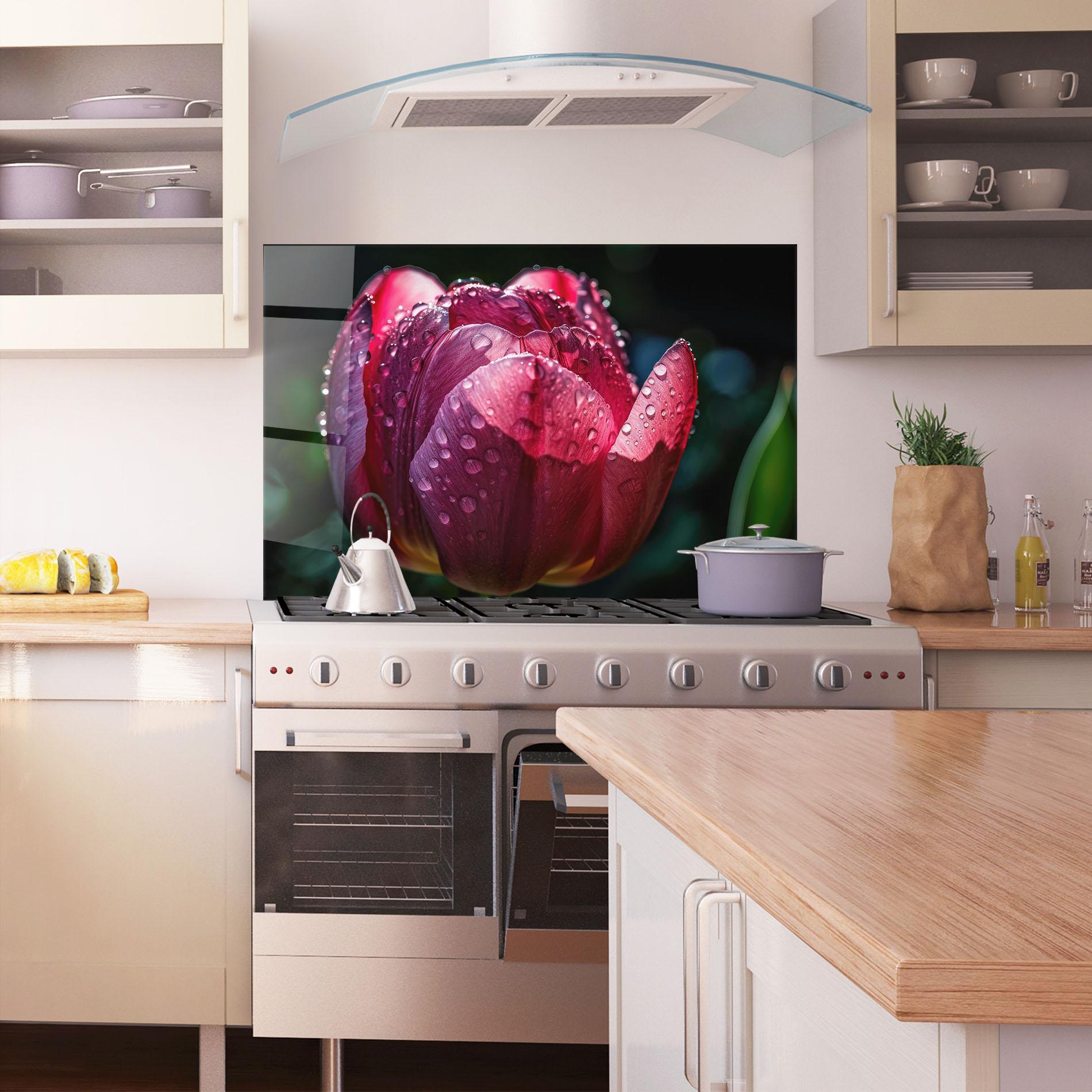 Konyhai üveg hátfal Pink Tulip After Rain mockup 1