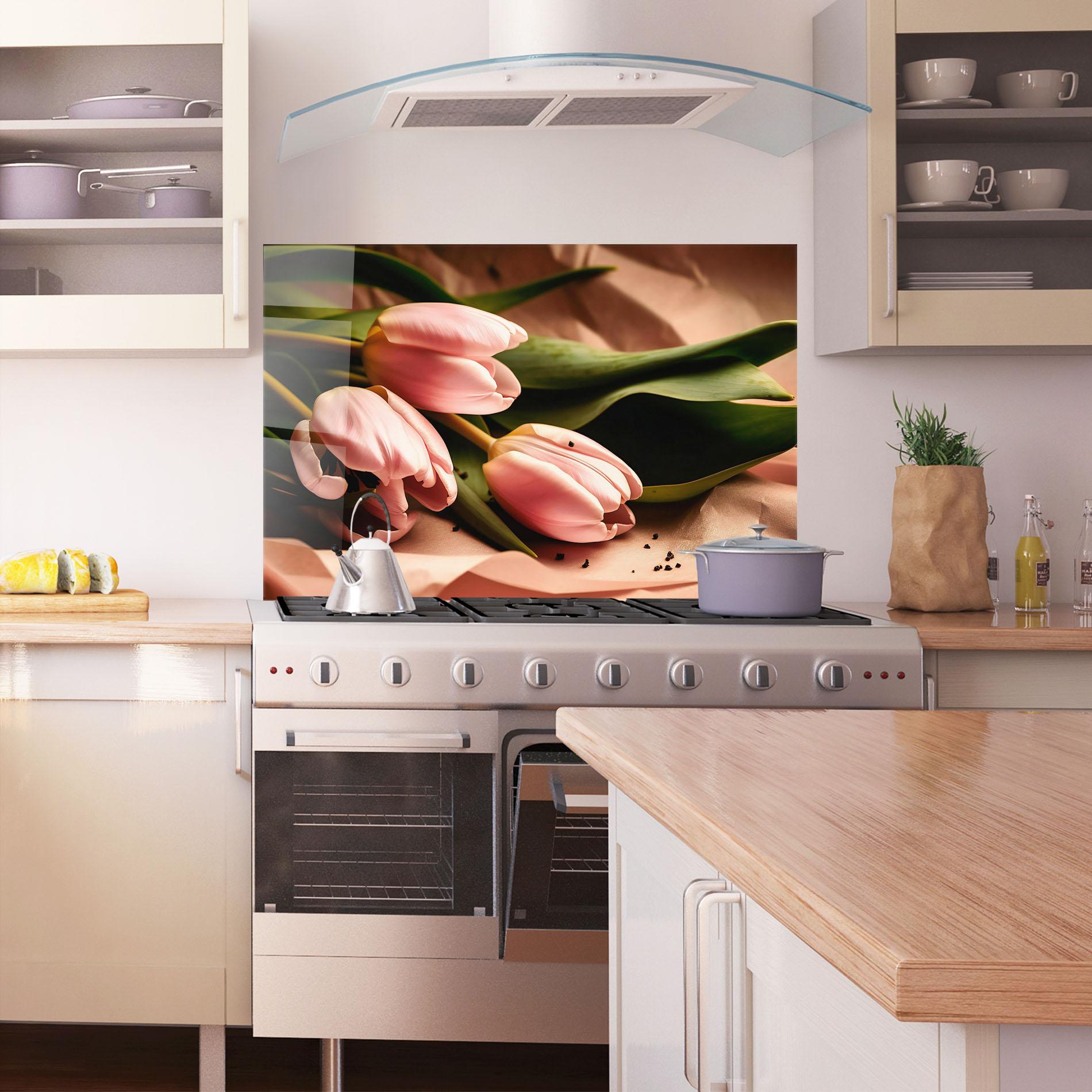 Konyhai üveg hátfal Pink Tulips With Leafs mockup 1