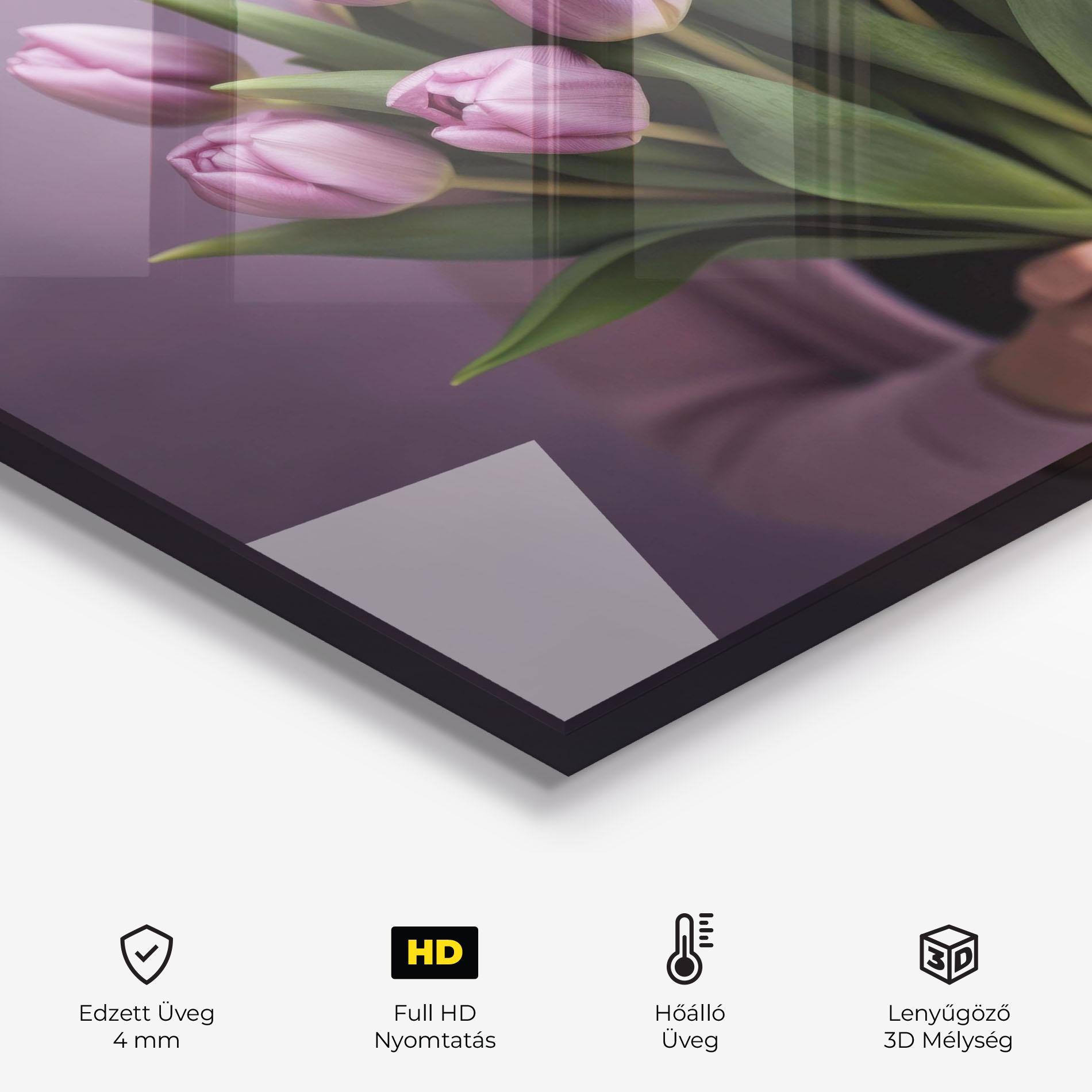 Konyhai üveg hátfal Holding Pink Tulips mockup 2