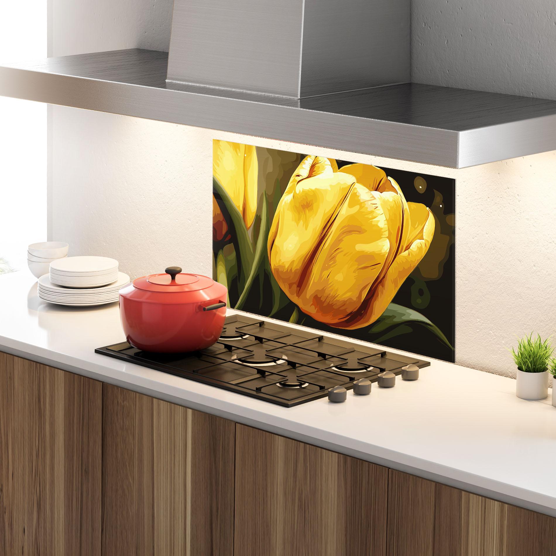 Konyhai üveg hátfal Big Yellow Tulip mockup 4
