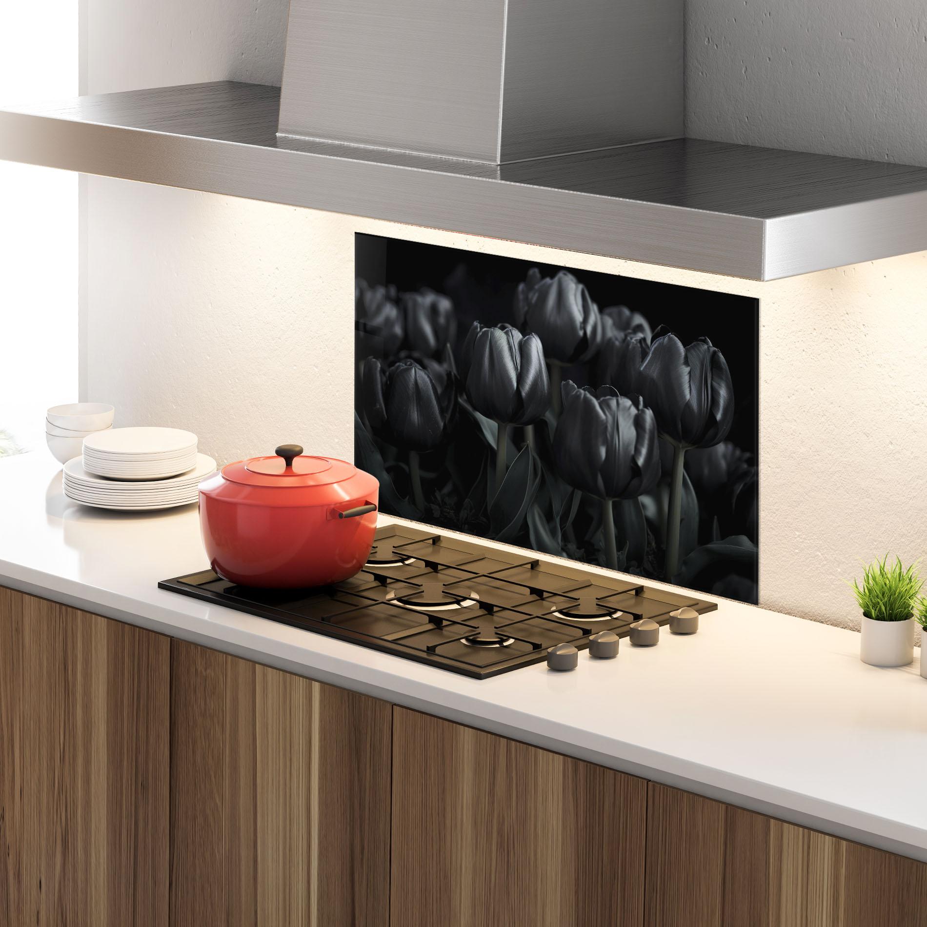Konyhai üveg hátfal Black Tulips mockup 4