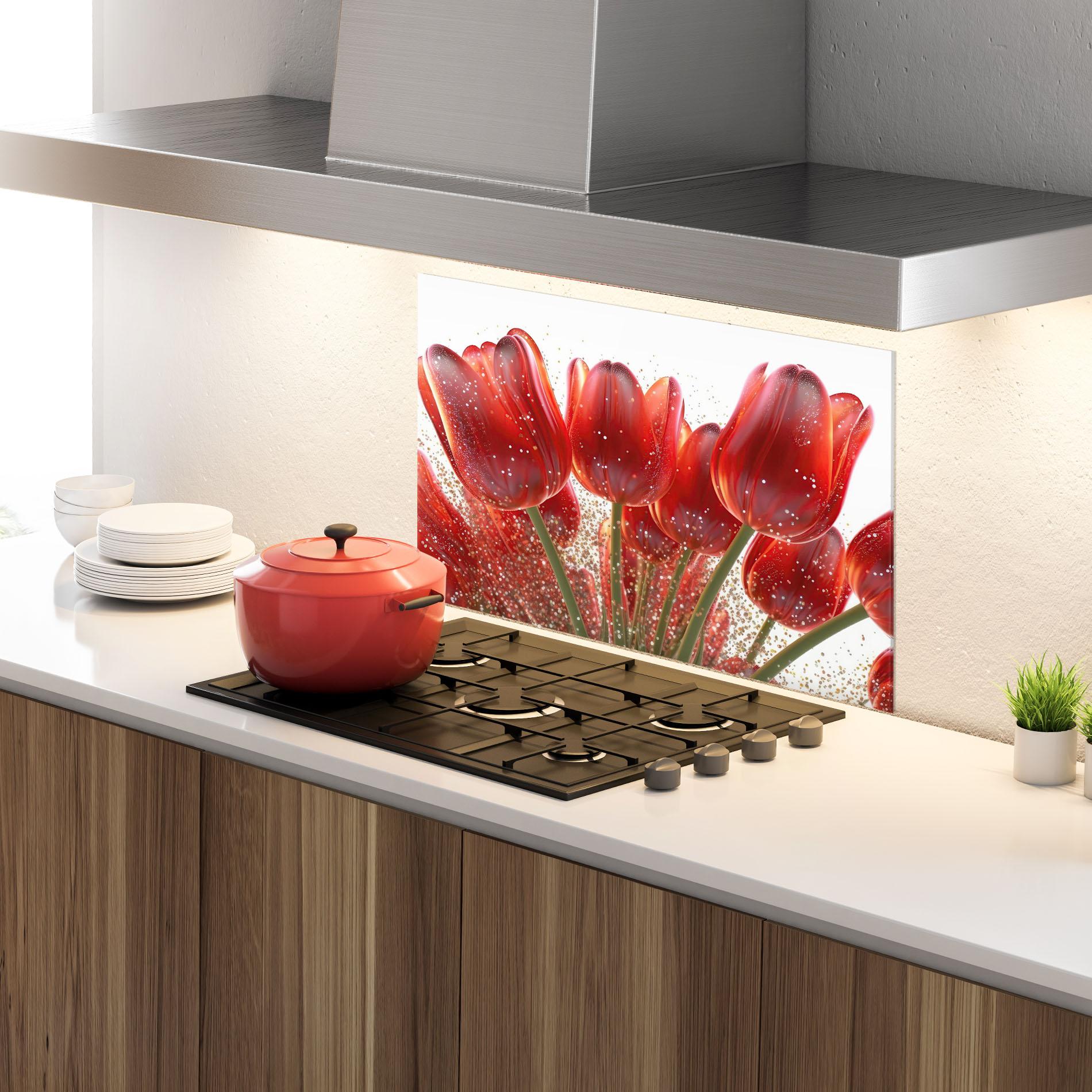 Konyhai üveg hátfal Glitter Red Tulips mockup 4