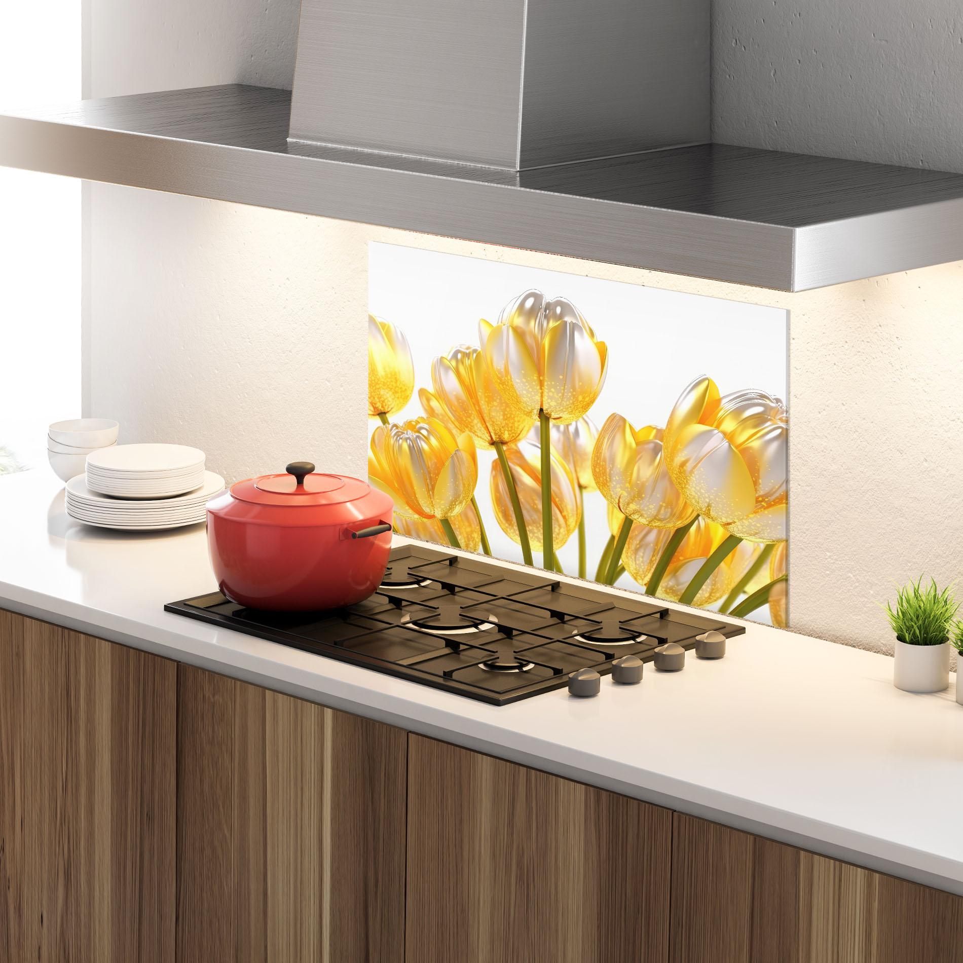 Konyhai üveg hátfal Gold White Tulips mockup 4