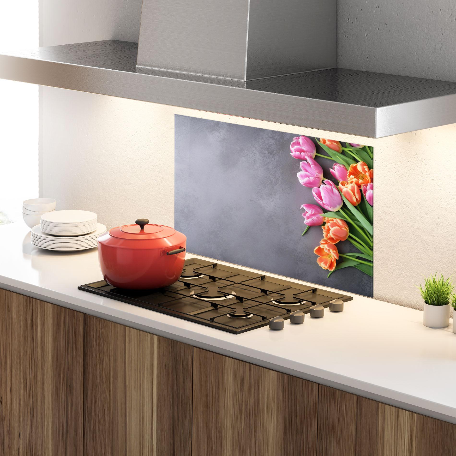 Konyhai üveg hátfal Light Orange Pink Tulips mockup 4