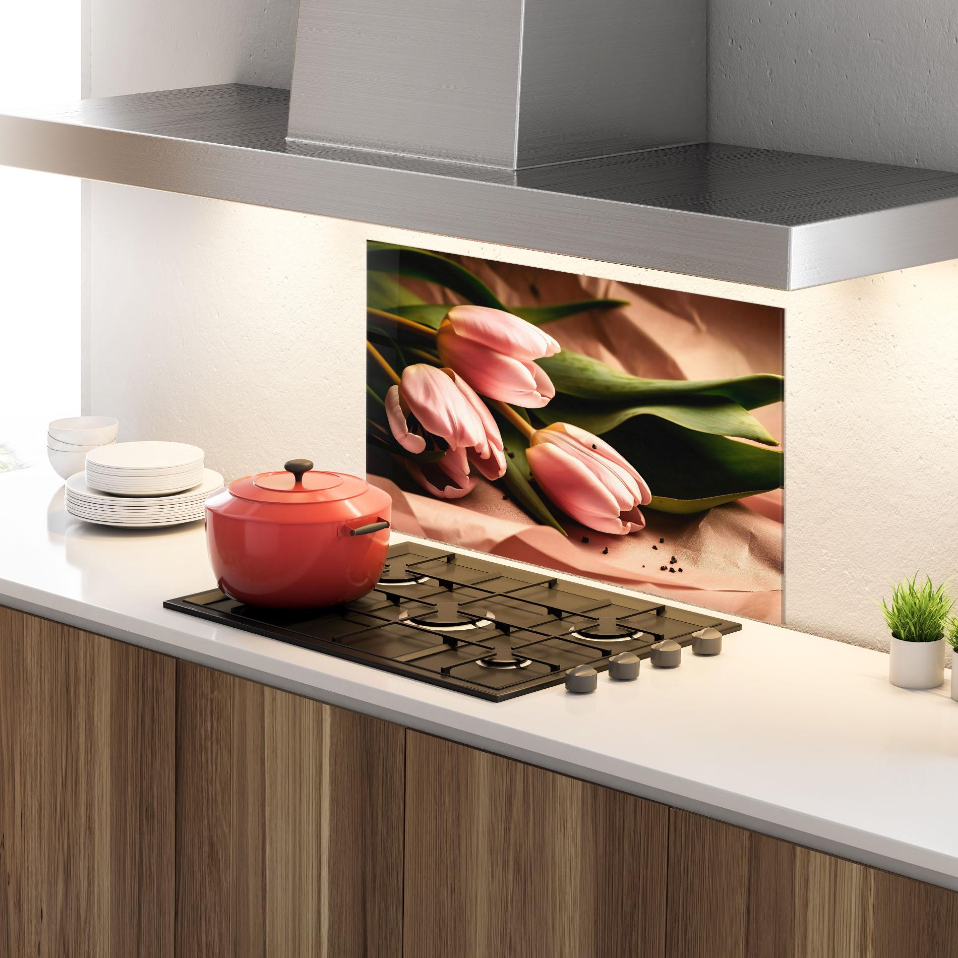 Konyhai üveg hátfal Pink Tulips With Leafs mockup 4