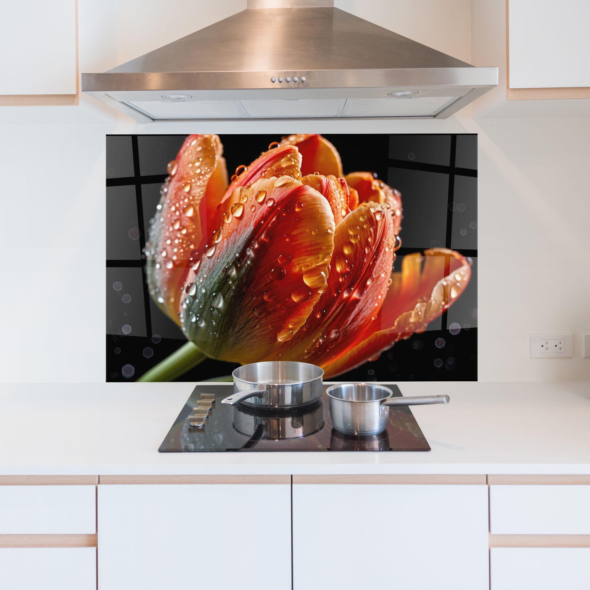 Konyhai üveg hátfal Big Wet Orange Tulip mockup 5