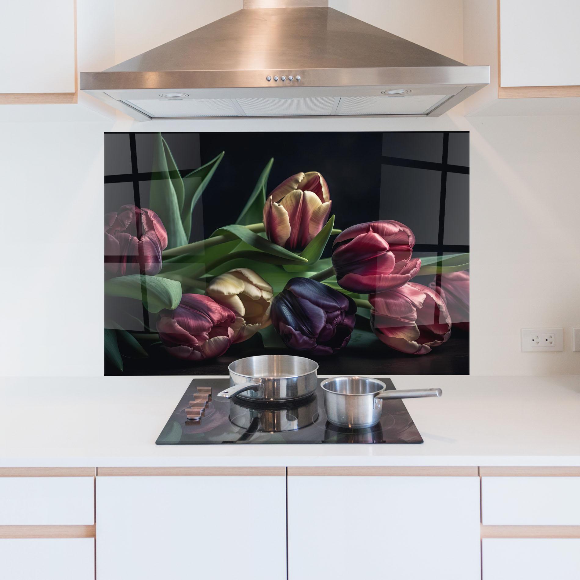 Konyhai üveg hátfal Dark Purple Tulip mockup 5