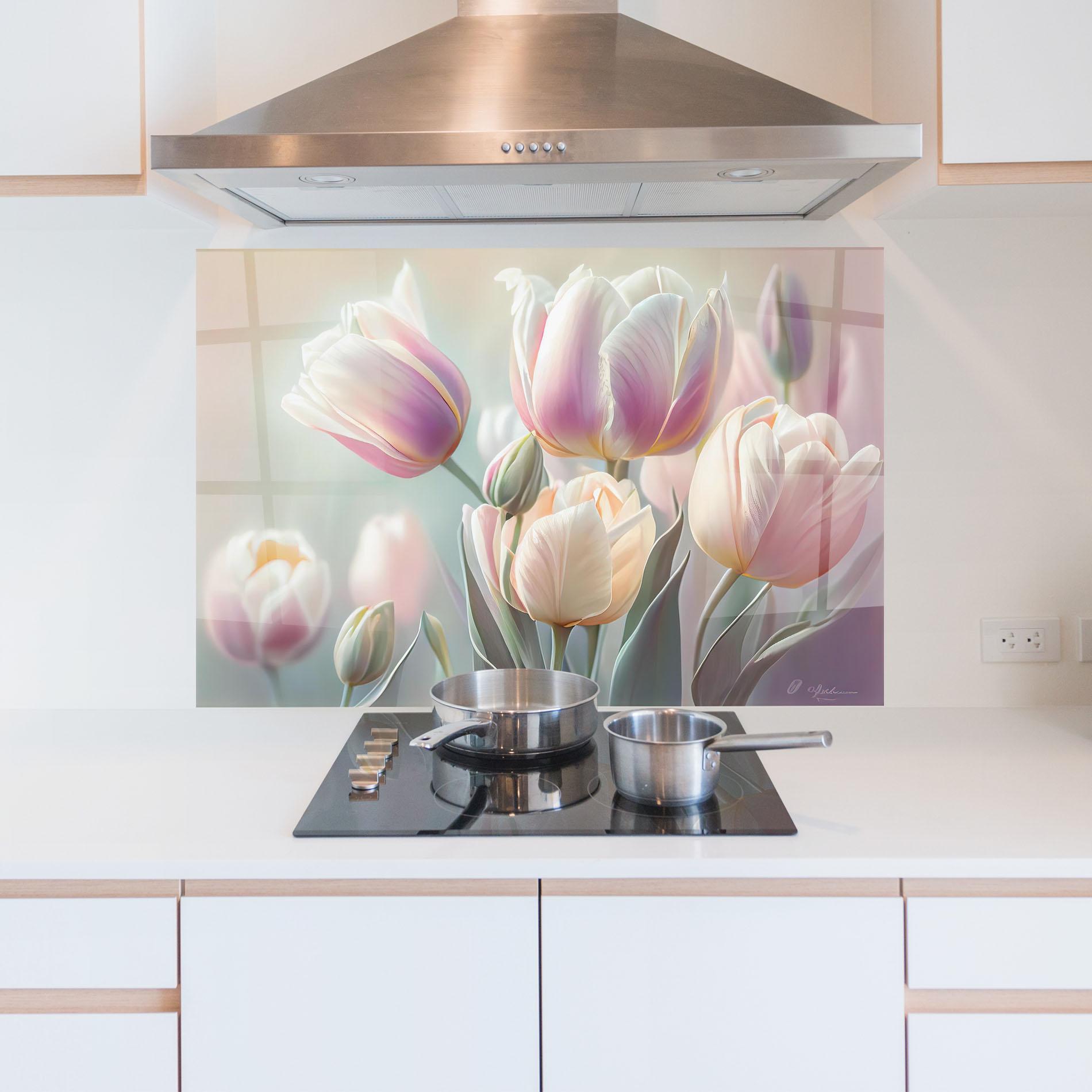 Konyhai üveg hátfal Dreamy White Tulips mockup 5