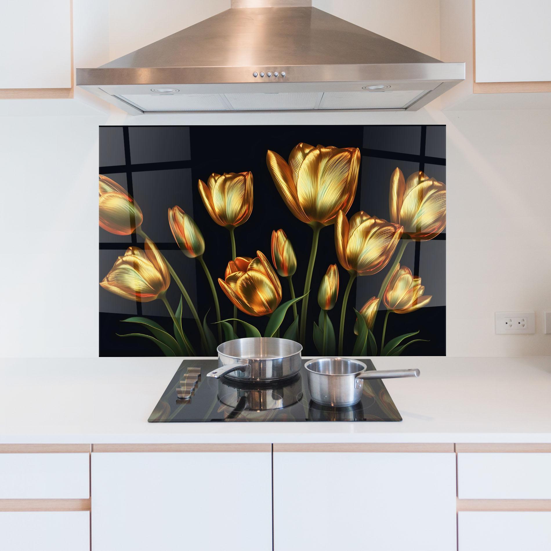 Konyhai üveg hátfal Gold Pretty Tulips mockup 5