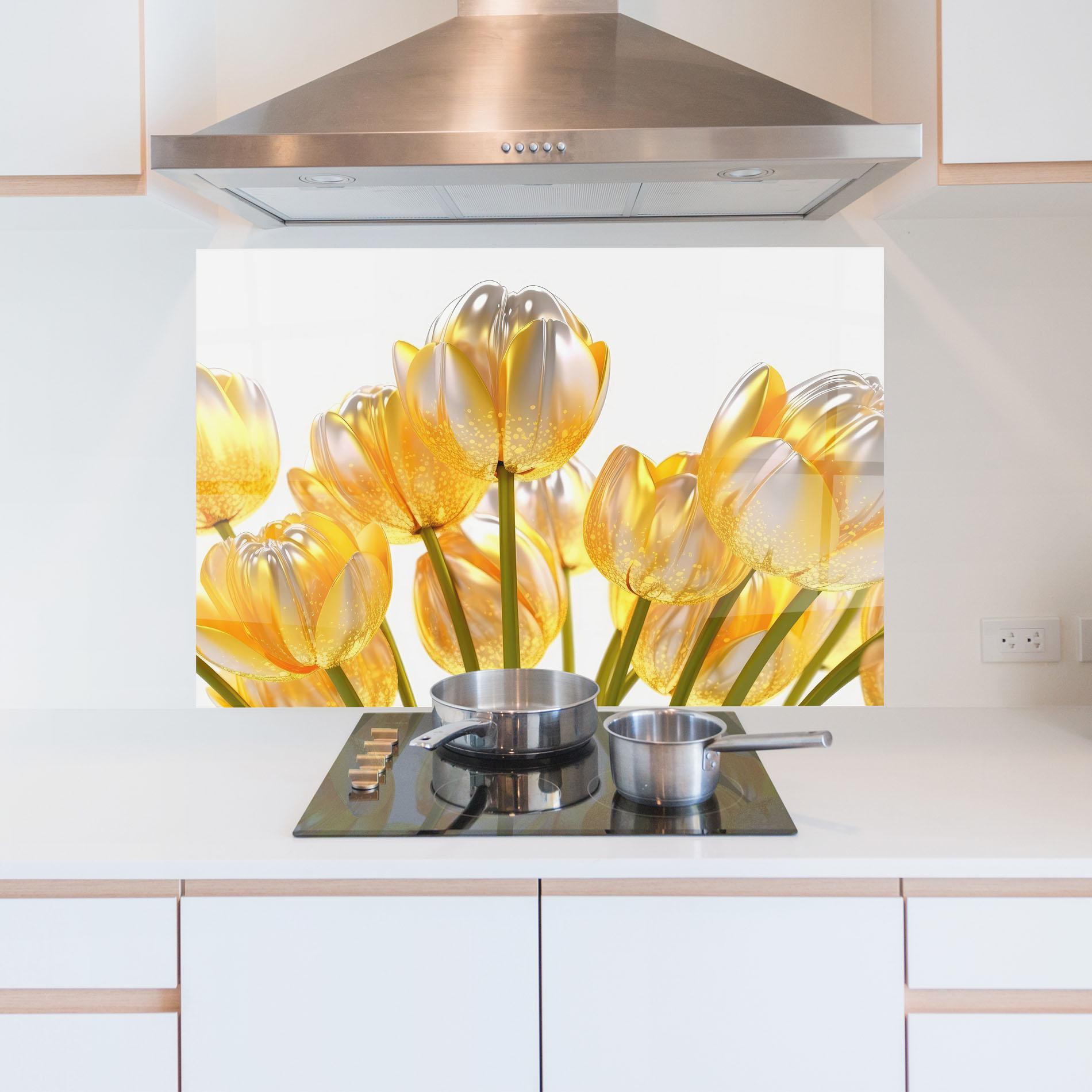 Konyhai üveg hátfal Gold White Tulips mockup 5