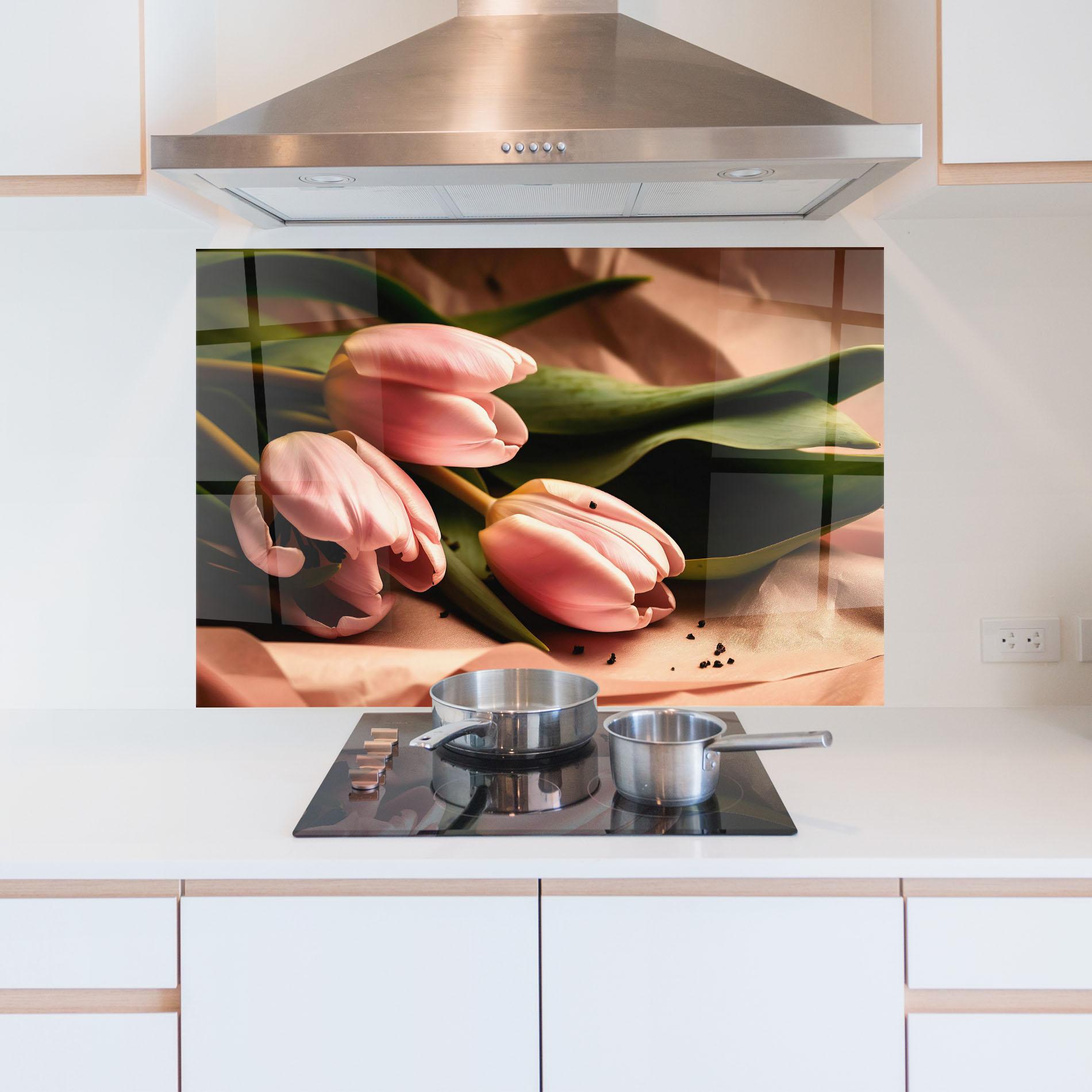 Konyhai üveg hátfal Pink Tulips With Leafs mockup 5
