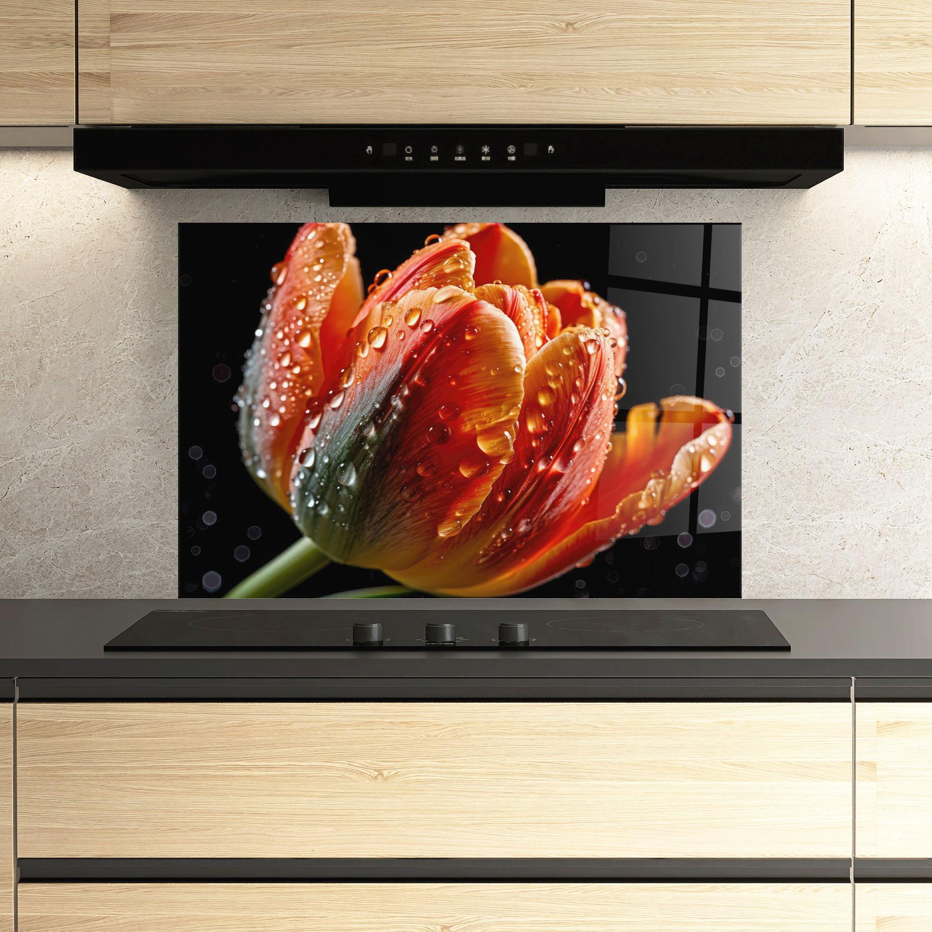 Konyhai üveg hátfal Big Wet Orange Tulip mockup 3