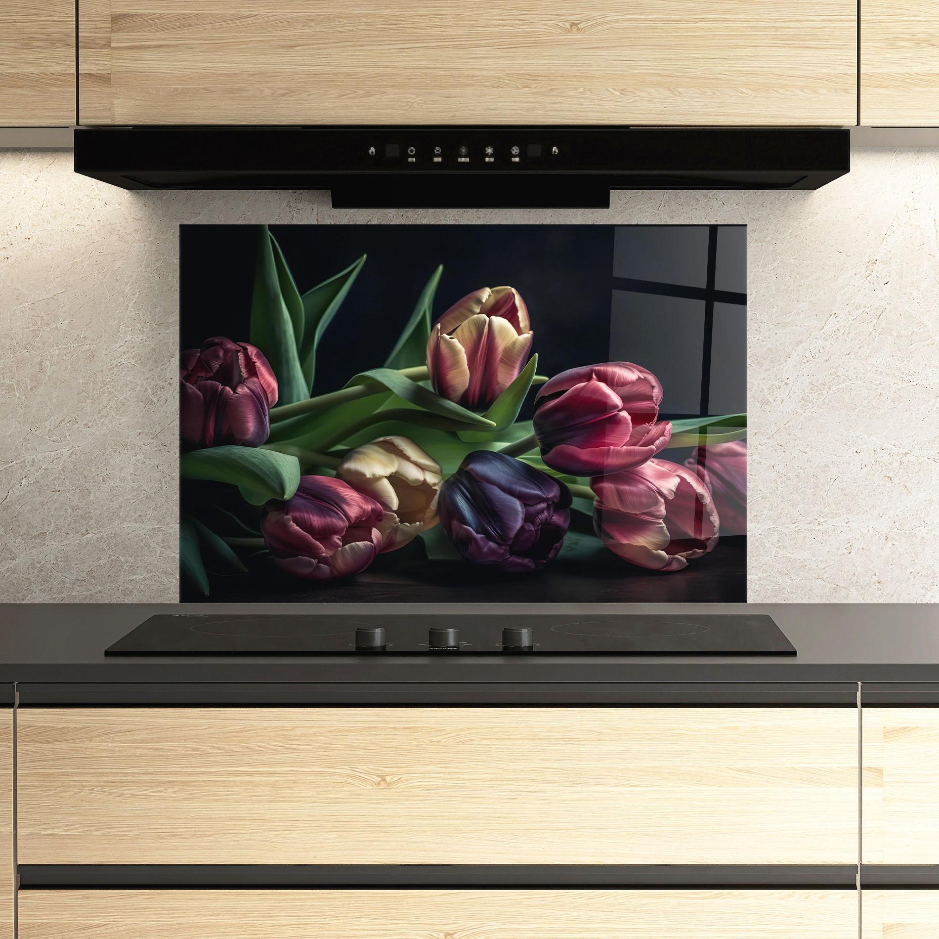 Konyhai üveg hátfal Dark Purple Tulip mockup 3