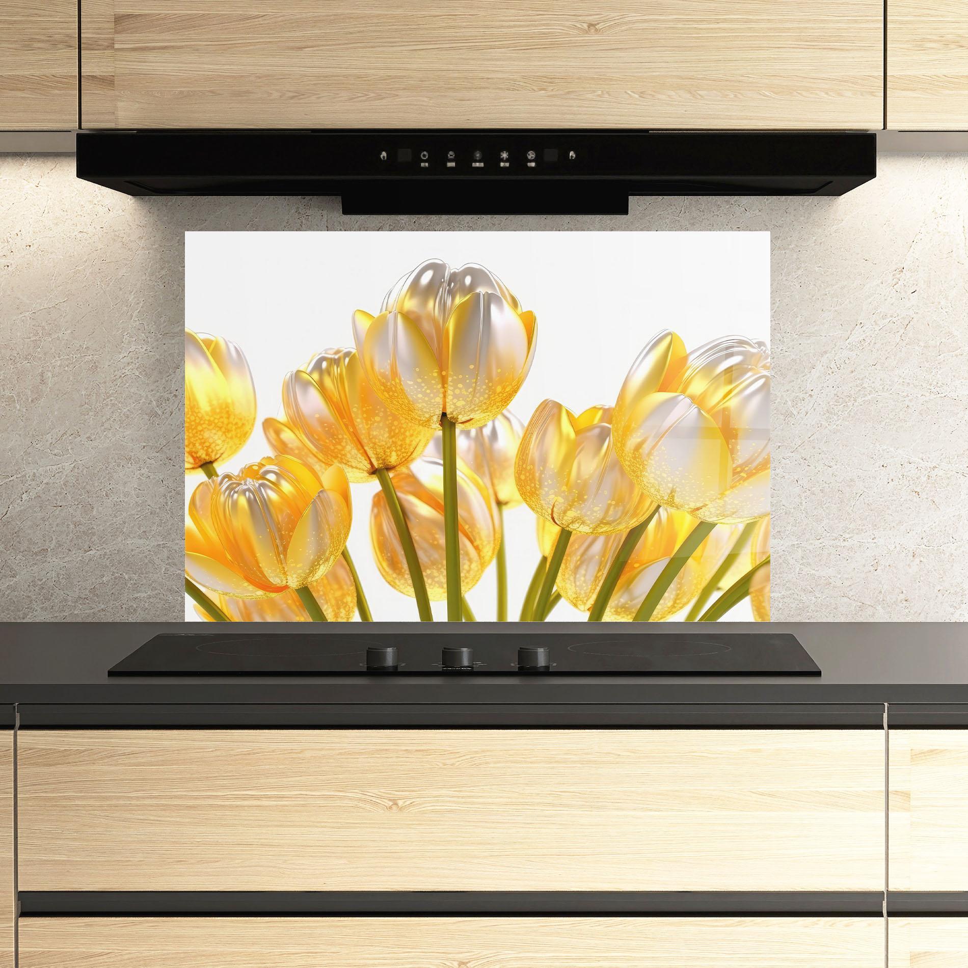 Konyhai üveg hátfal Gold White Tulips mockup 3