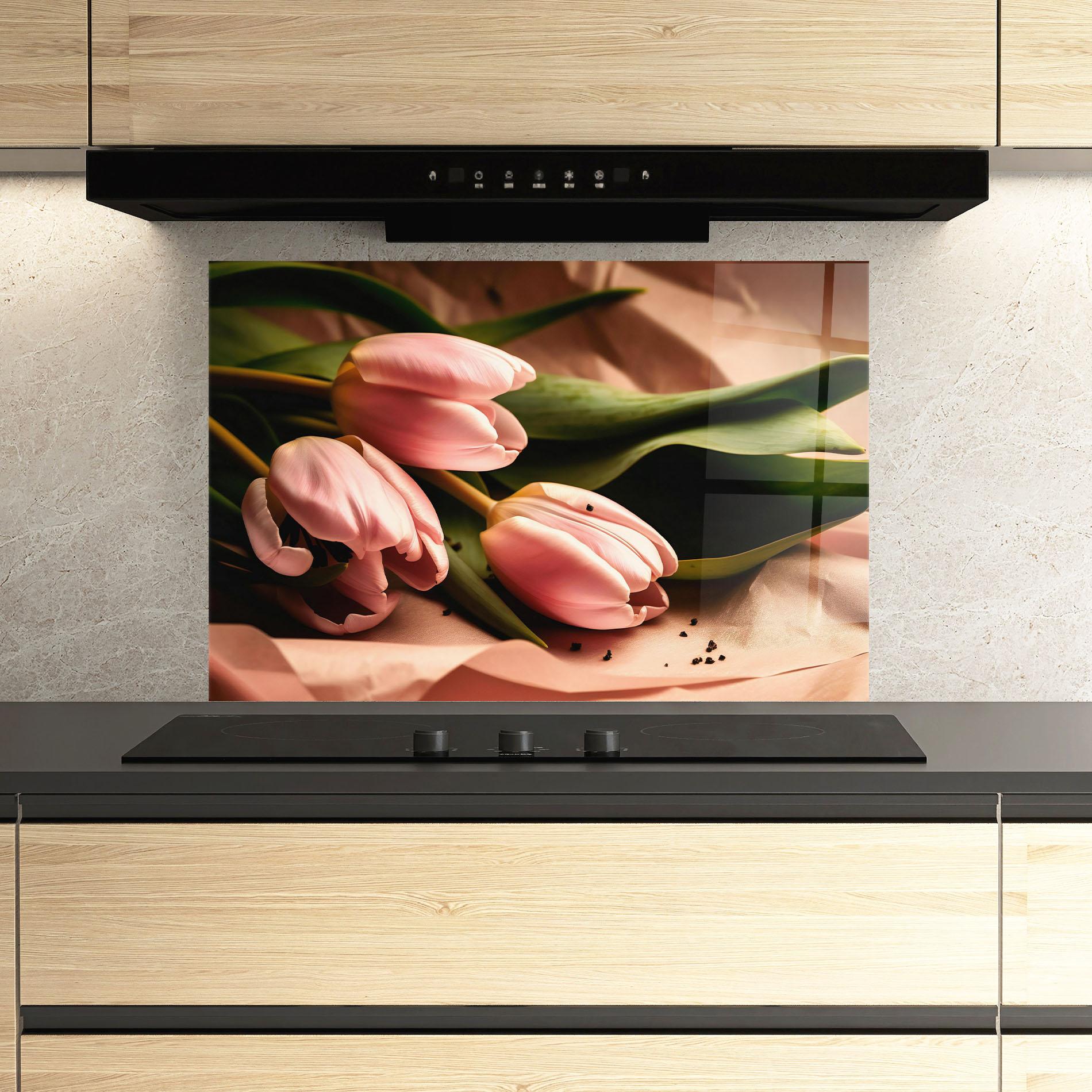 Konyhai üveg hátfal Pink Tulips With Leafs mockup 3