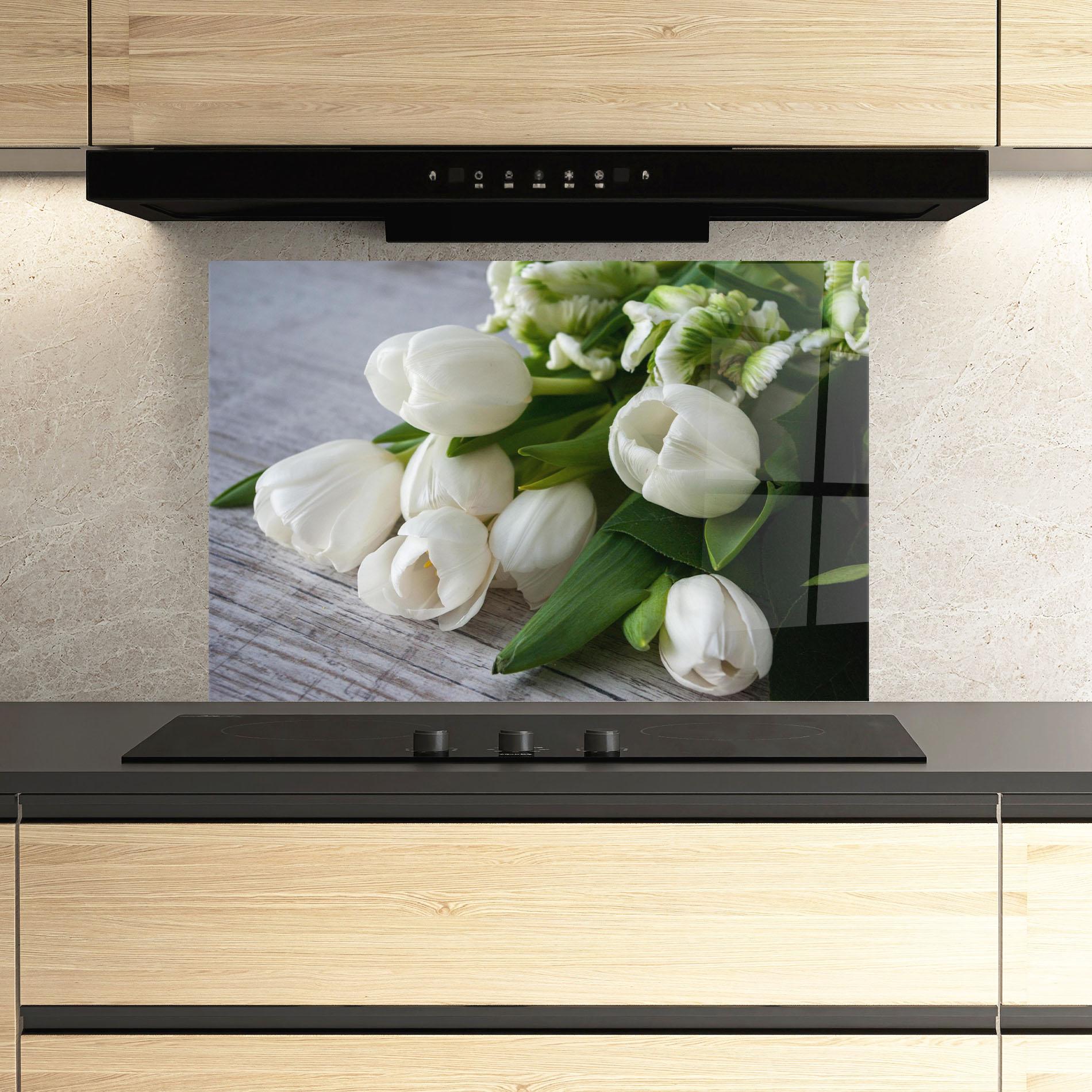 Konyhai üveg hátfal White Tulips Bouquet mockup 3