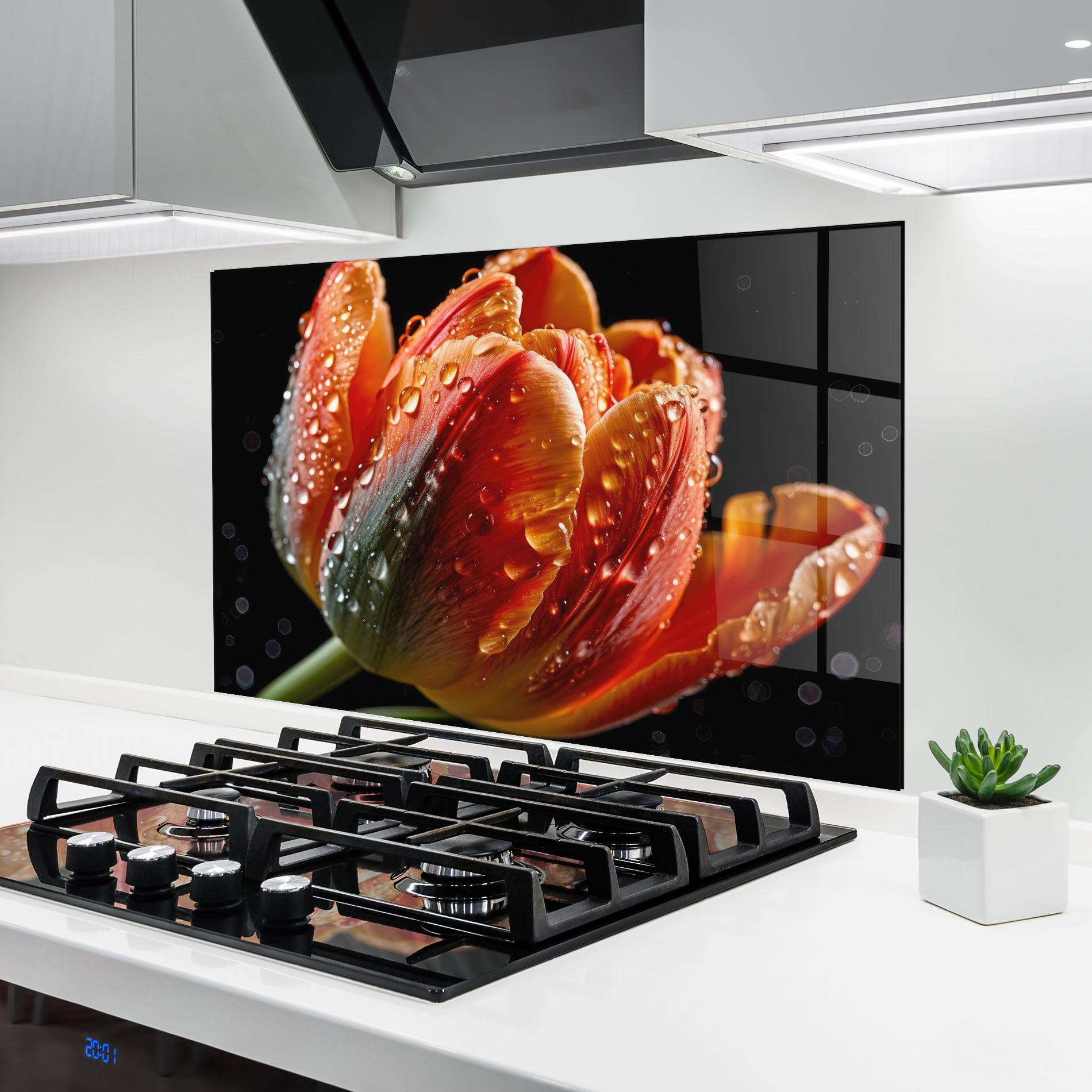 Konyhai üveg hátfal Big Wet Orange Tulip mockup 6