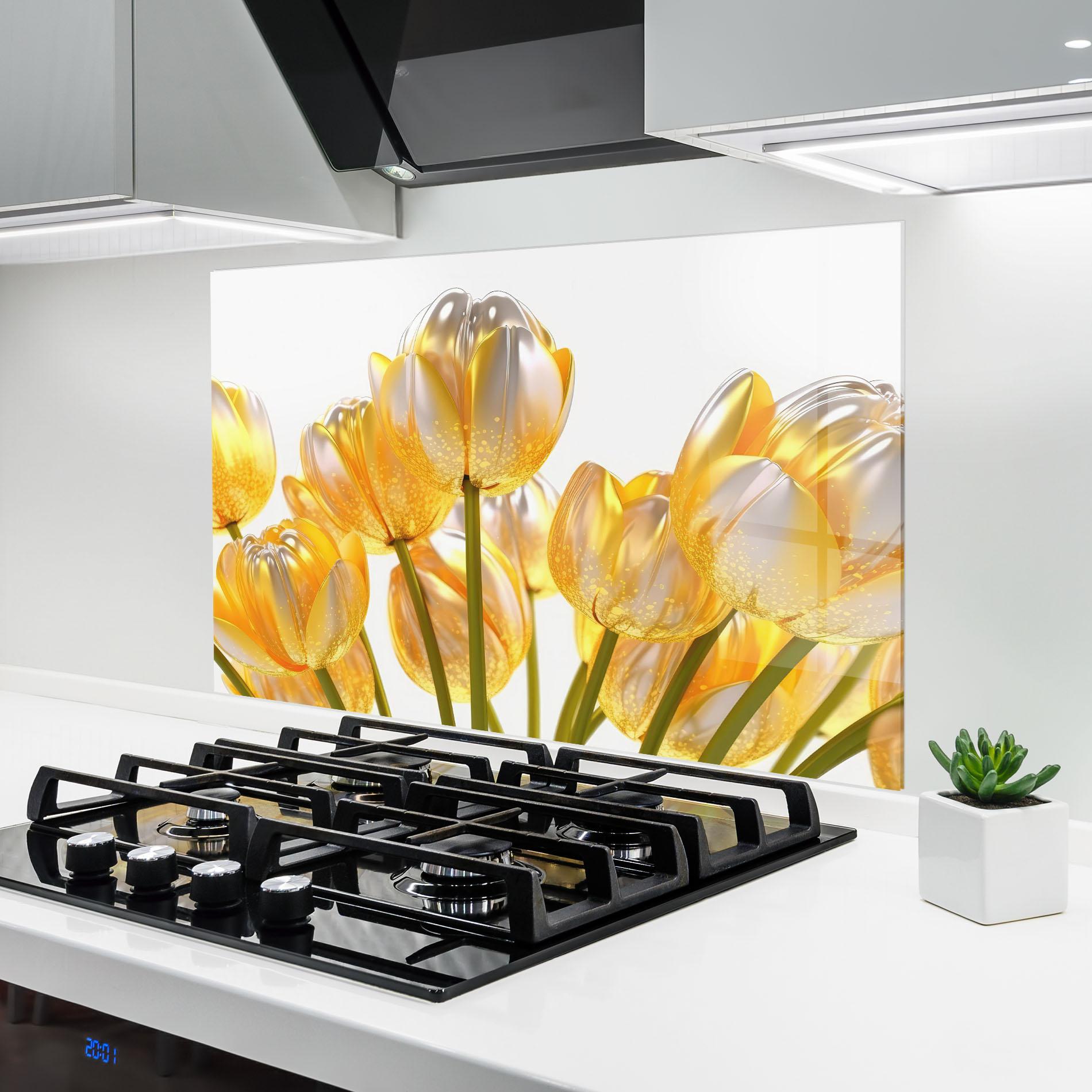 Konyhai üveg hátfal Gold White Tulips mockup 6