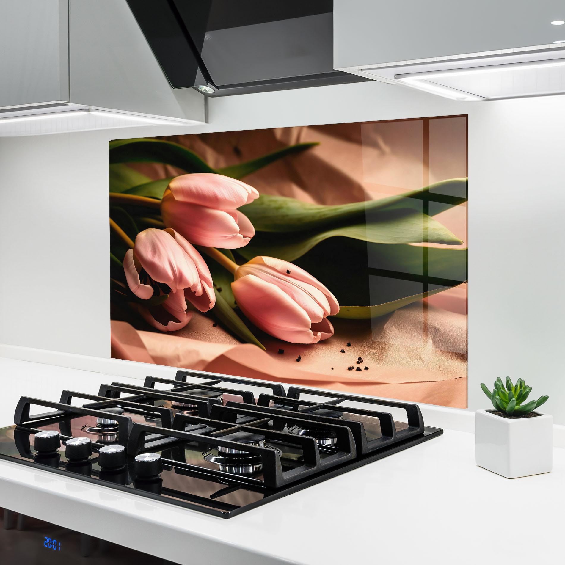 Konyhai üveg hátfal Pink Tulips With Leafs mockup 6