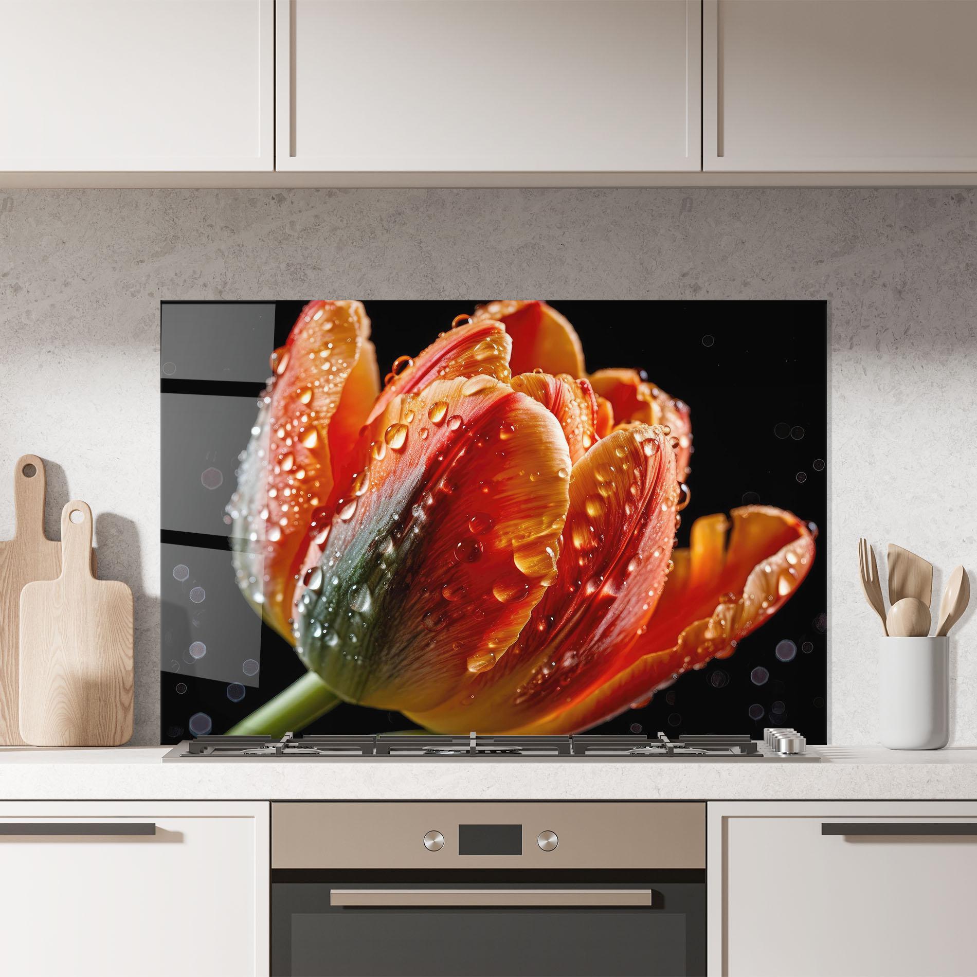Konyhai üveg hátfal Big Wet Orange Tulip mockup 7
