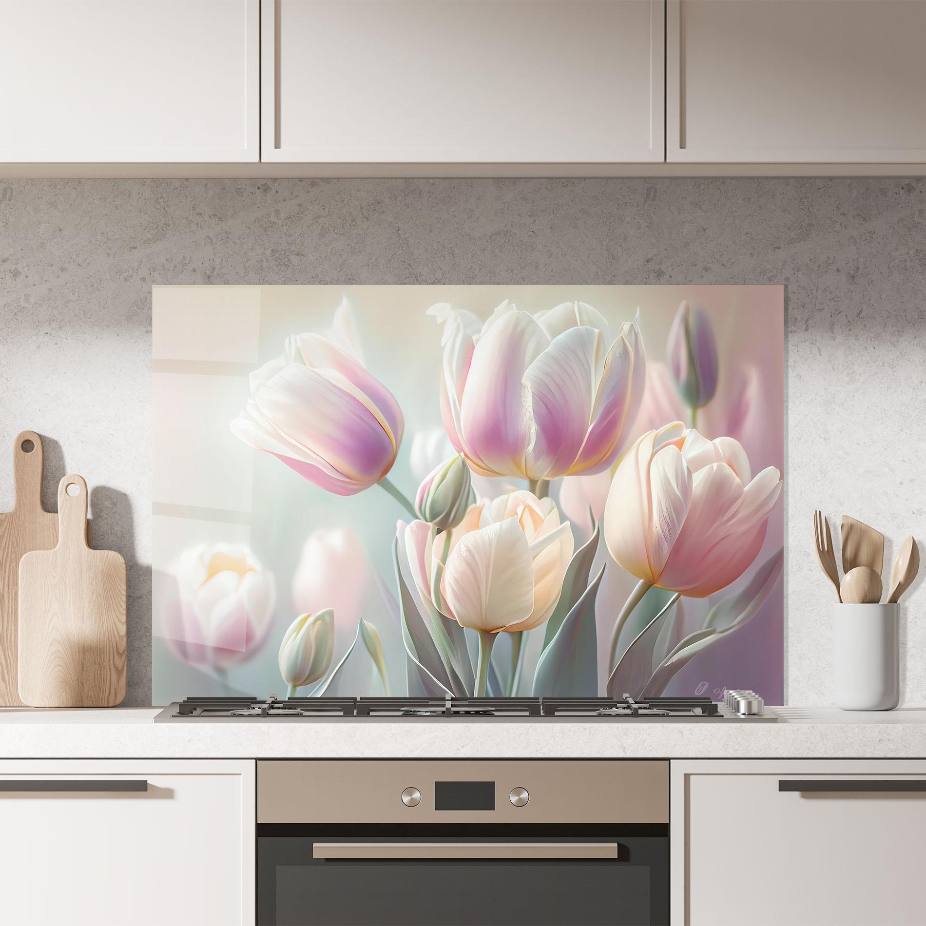 Konyhai üveg hátfal Dreamy White Tulips mockup 7