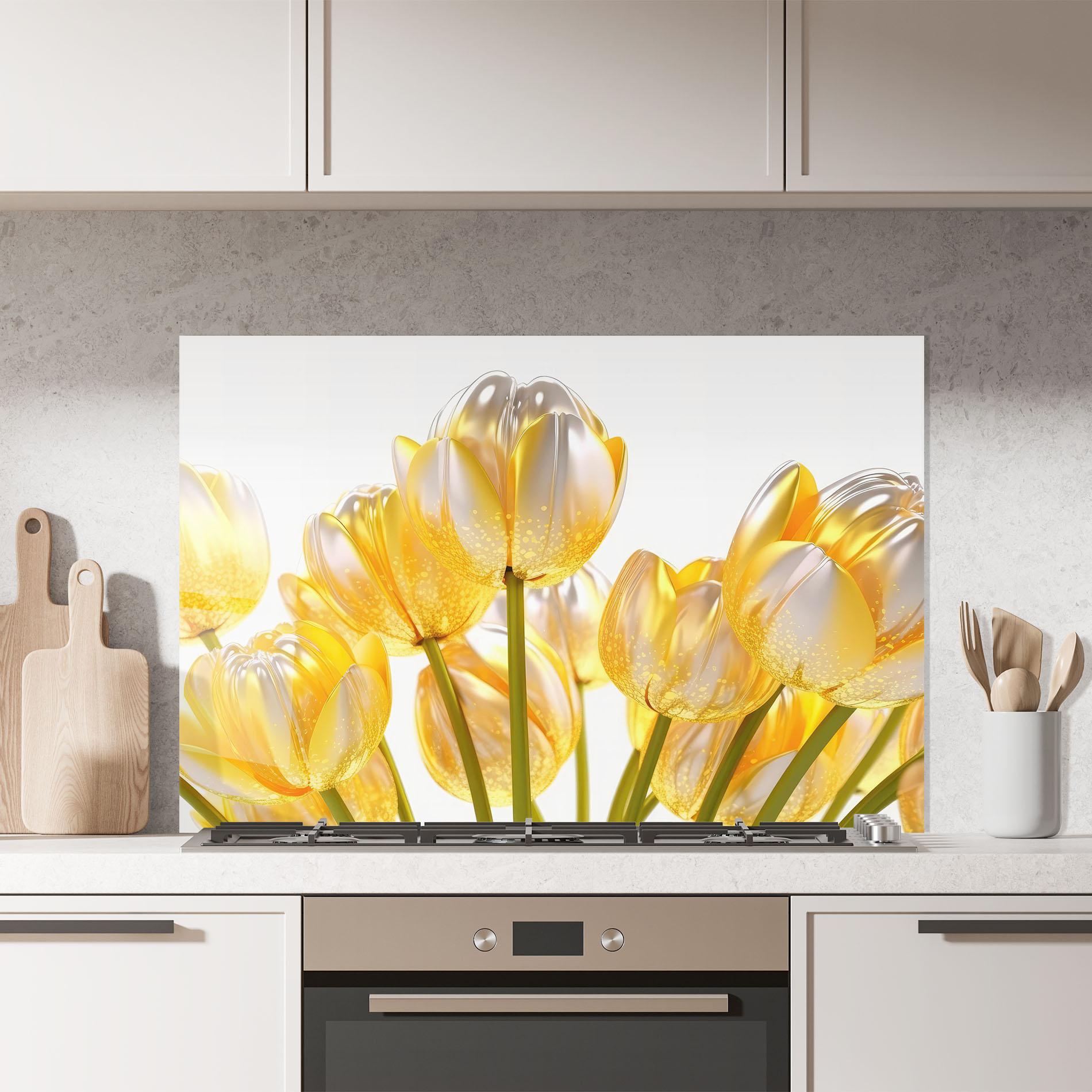 Konyhai üveg hátfal Gold White Tulips mockup 7