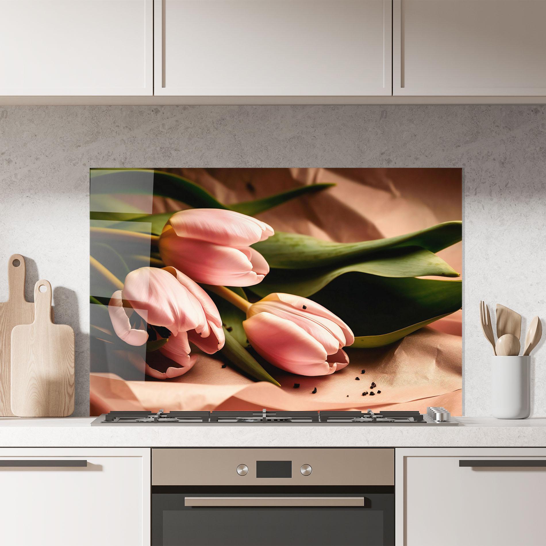 Konyhai üveg hátfal Pink Tulips With Leafs mockup 7