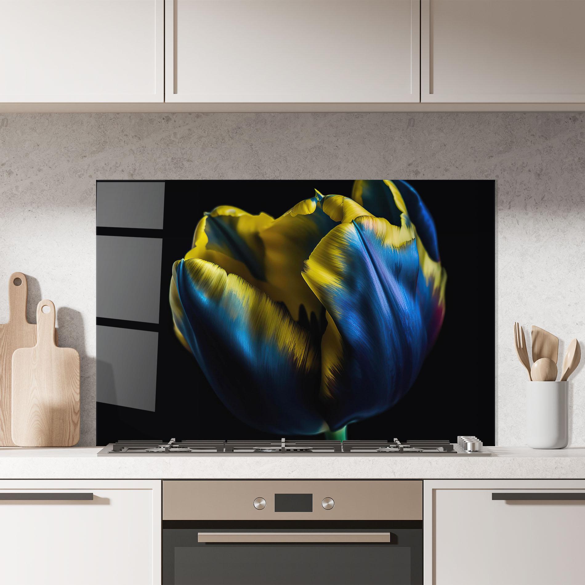 Konyhai üveg hátfal Yellow Blue Tulip mockup 7