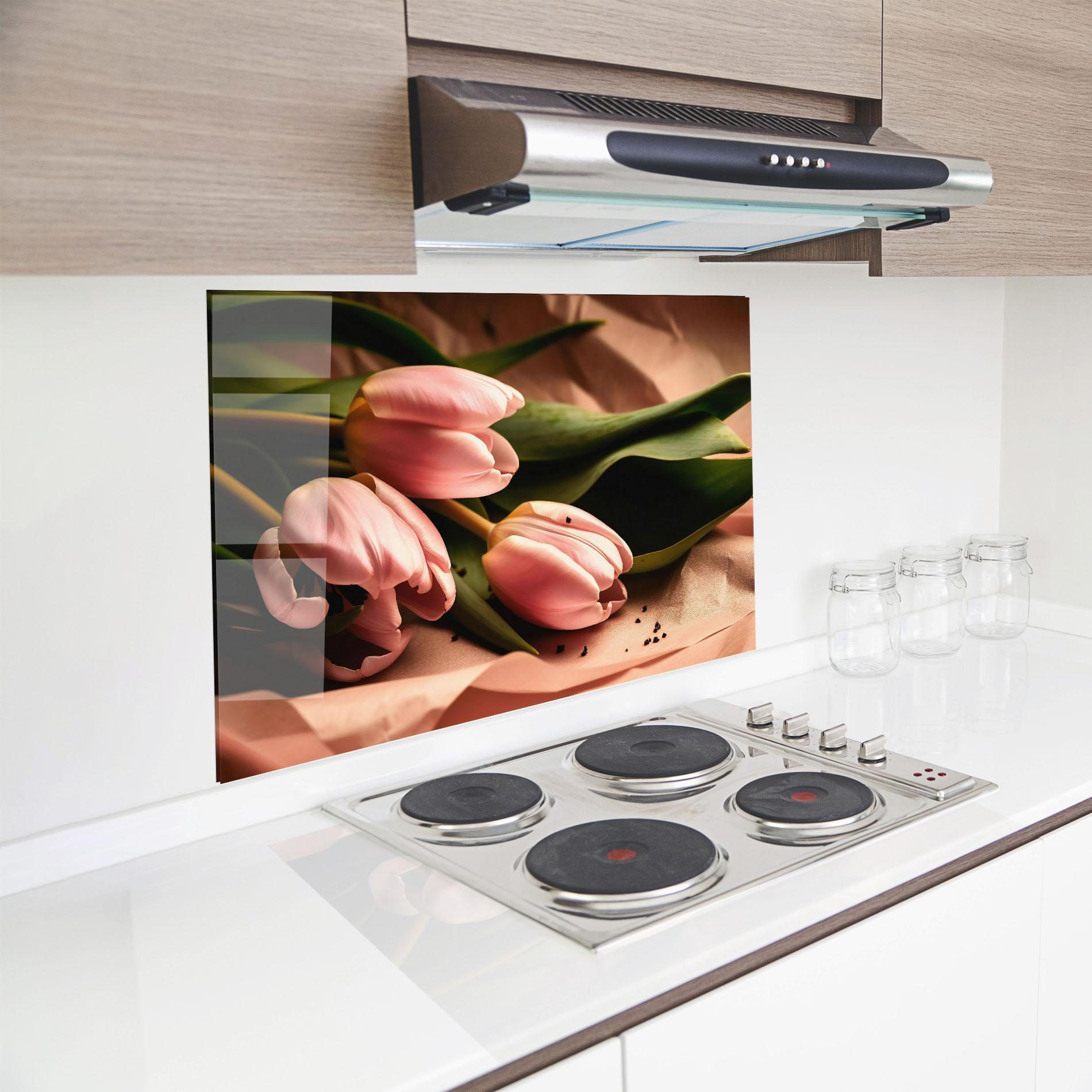 Konyhai üveg hátfal Pink Tulips With Leafs mockup 8