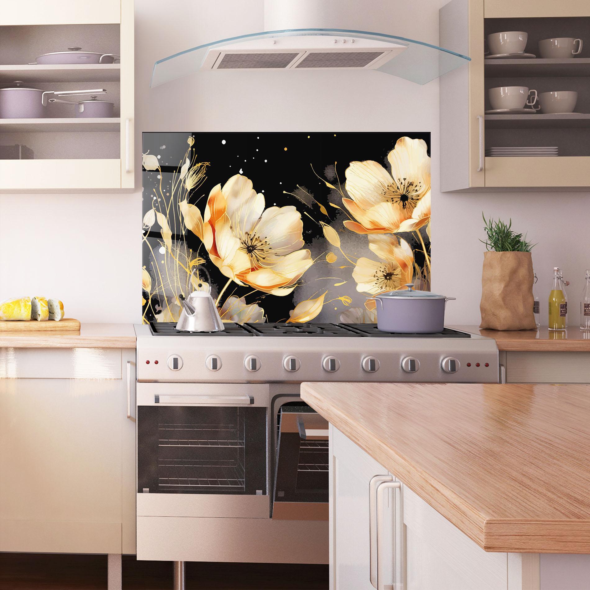 Konyhai üveg hátfal Gold Poppy Black mockup 1