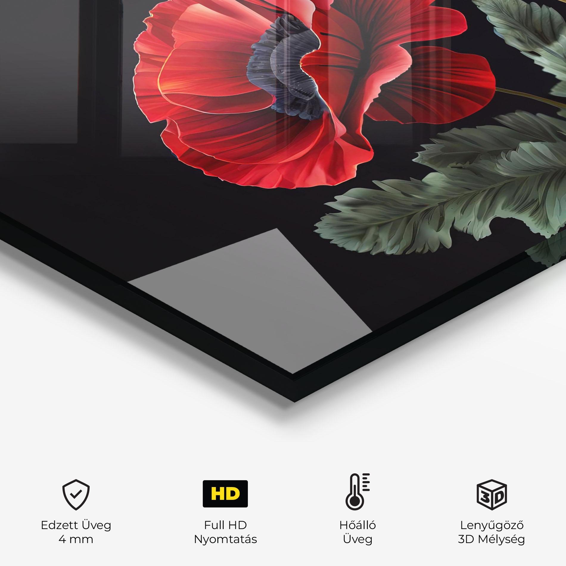 Konyhai üveg hátfal Poppy On Black mockup 2