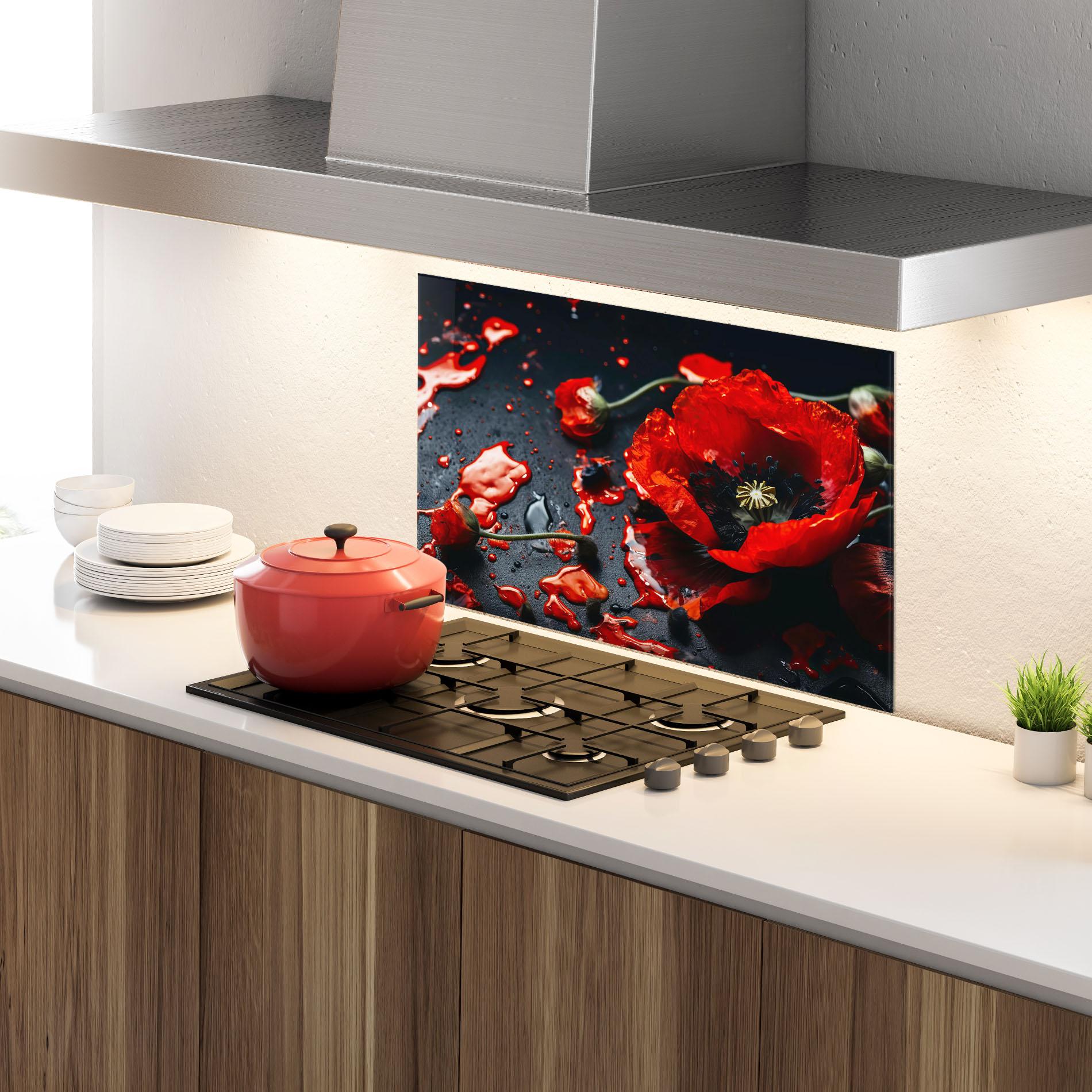 Konyhai üveg hátfal Beautiful Red Poppy Liquid mockup 4