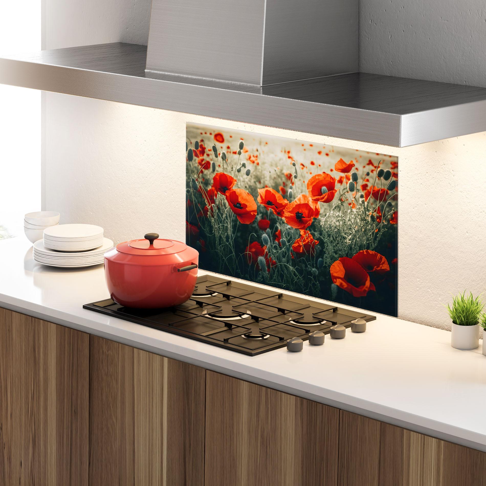 Konyhai üveg hátfal Poppy Grass Field mockup 4