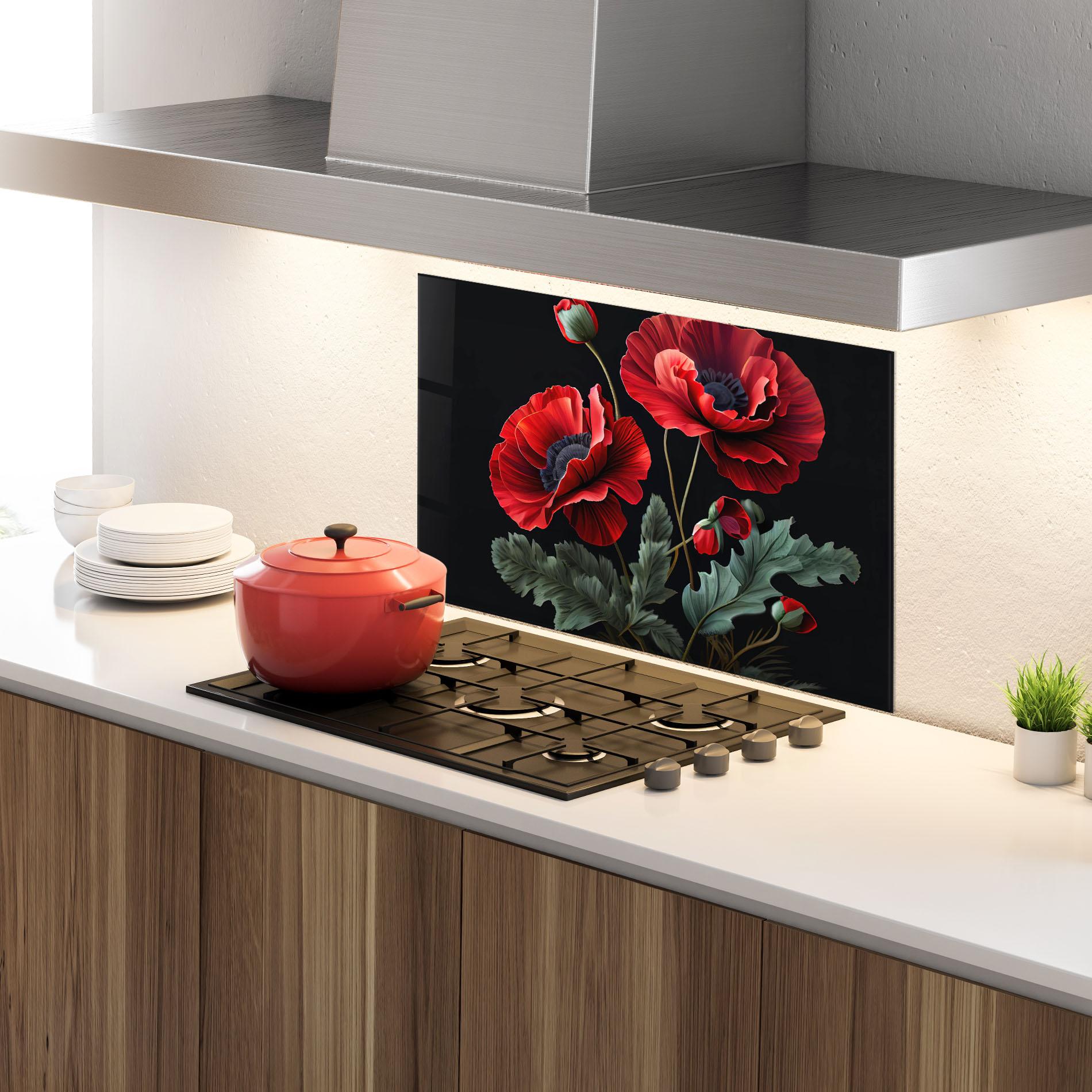 Konyhai üveg hátfal Poppy On Black mockup 4