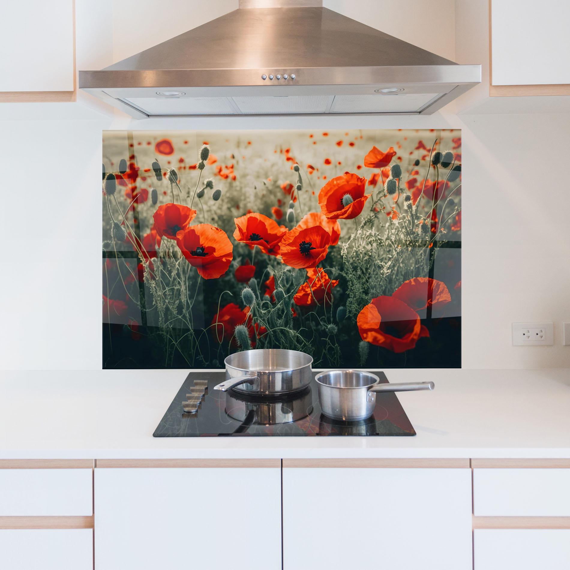 Konyhai üveg hátfal Poppy Grass Field mockup 5
