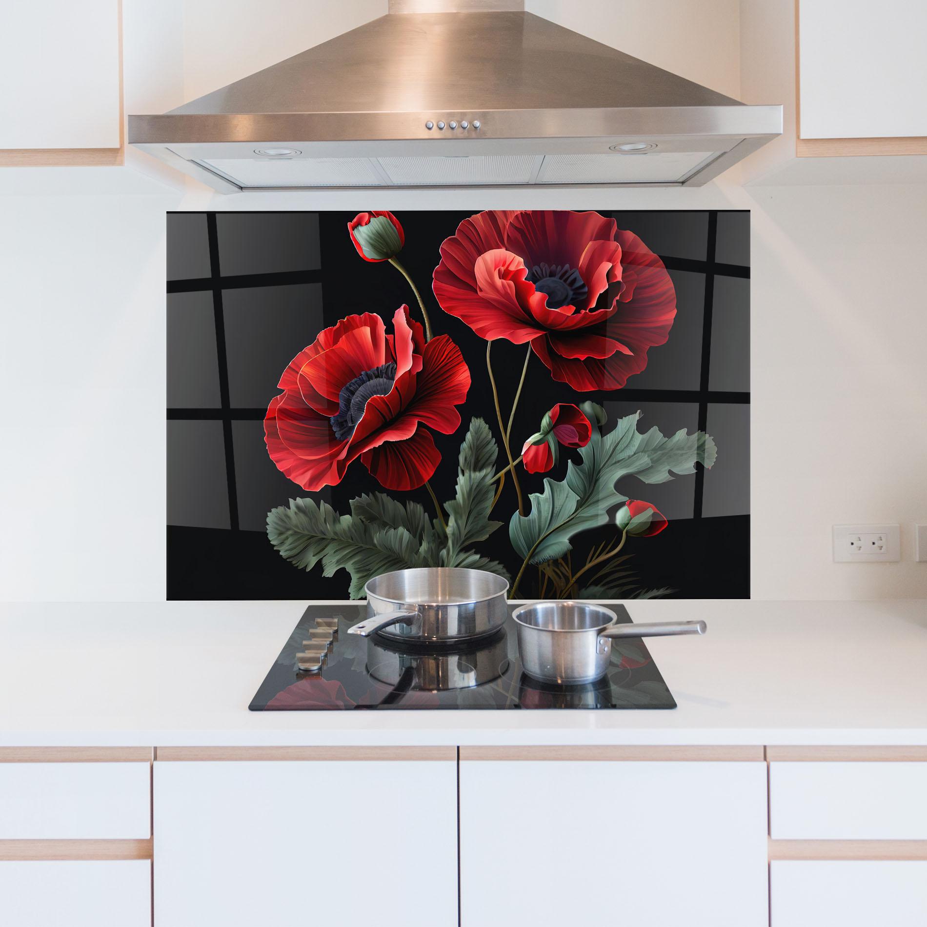 Konyhai üveg hátfal Poppy On Black mockup 5