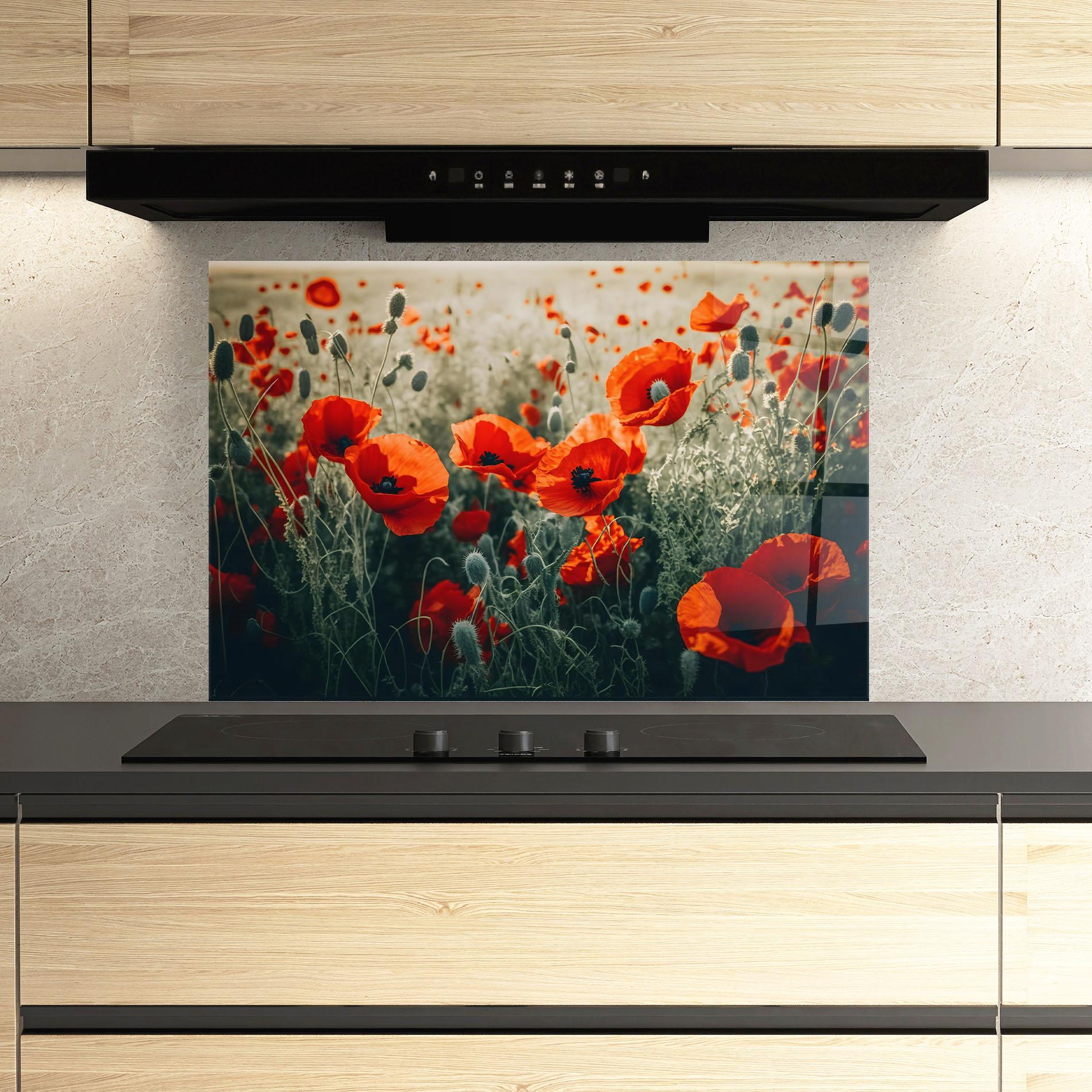 Konyhai üveg hátfal Poppy Grass Field mockup 3